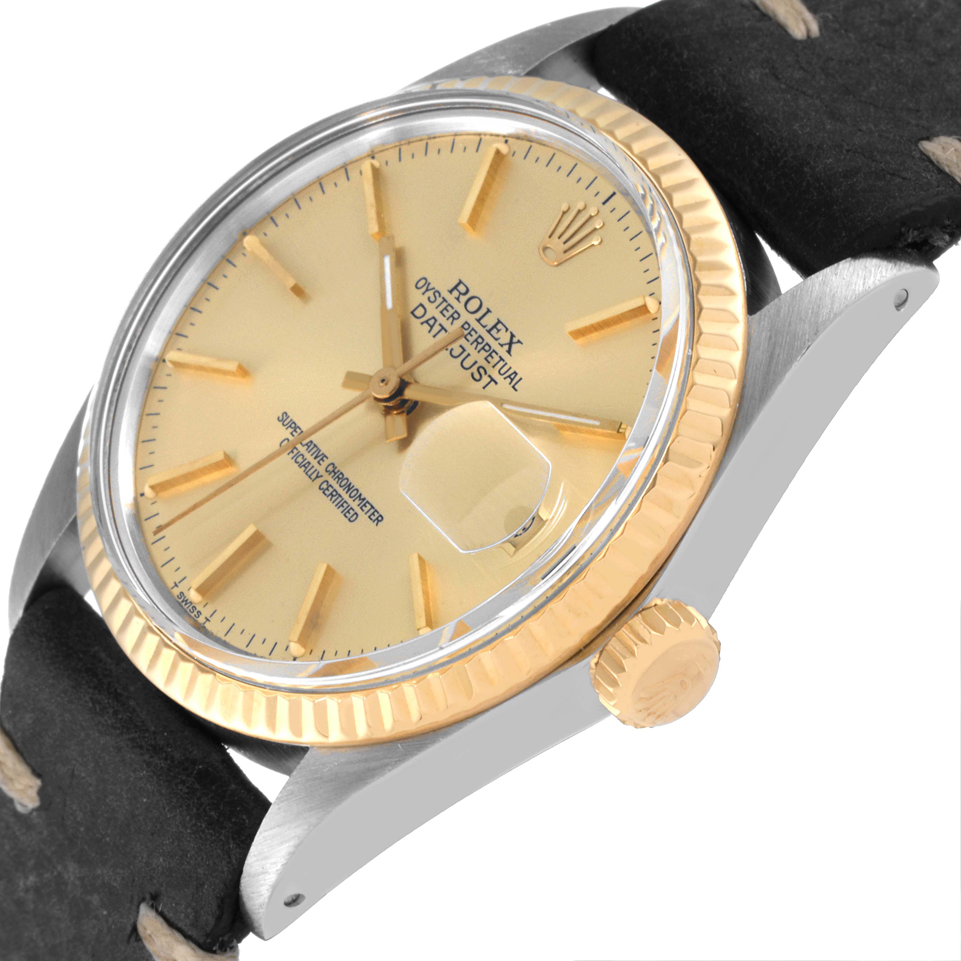 The image shows a close-up of the face, bezel, and crown of the Rolex Vintage Collection 16013 Men's Steel and Gold (two tone) Champagne Dial 16013 Men's Steel and Gold (two tone) Champagne Dial Datejust Watch.