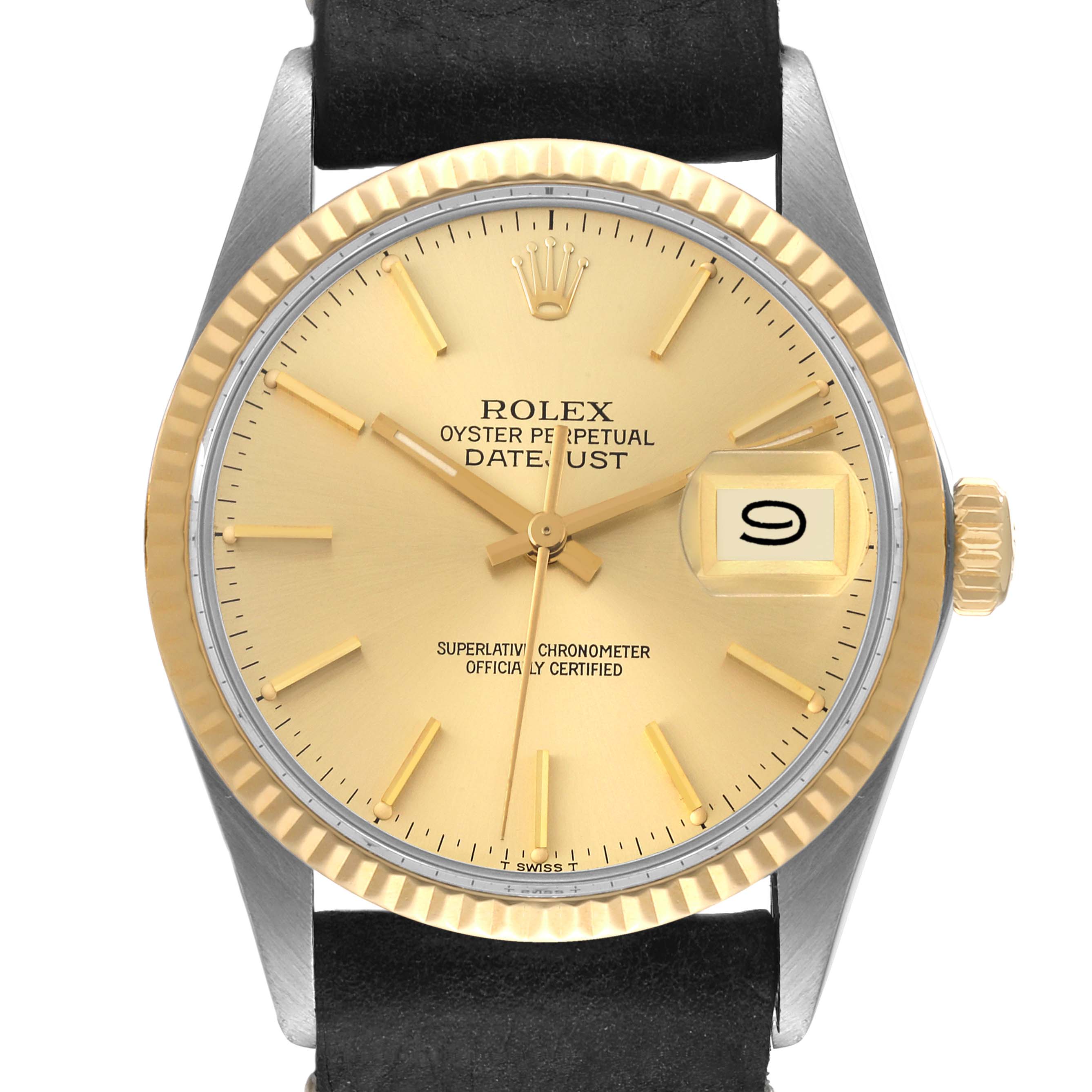 The Rolex Vintage Collection 16013 Men's Steel and Gold (two tone) Champagne Dial 16013 Men's Steel and Gold (two tone) Champagne Dial model is shown from a front angle, displaying its gold dial, crown, bezel, and black leather strap.