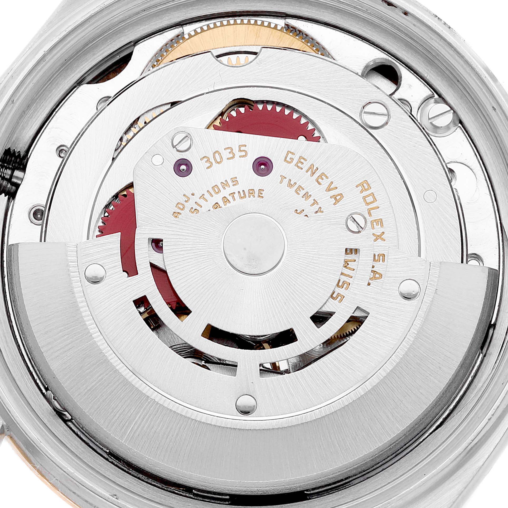 This image shows the intricate internal mechanism of a Rolex Vintage Collection 16013 Men's Steel and Gold (two tone) Champagne Dial 16013 Men's Steel and Gold (two tone) Champagne Dial watch from a top-down angle.