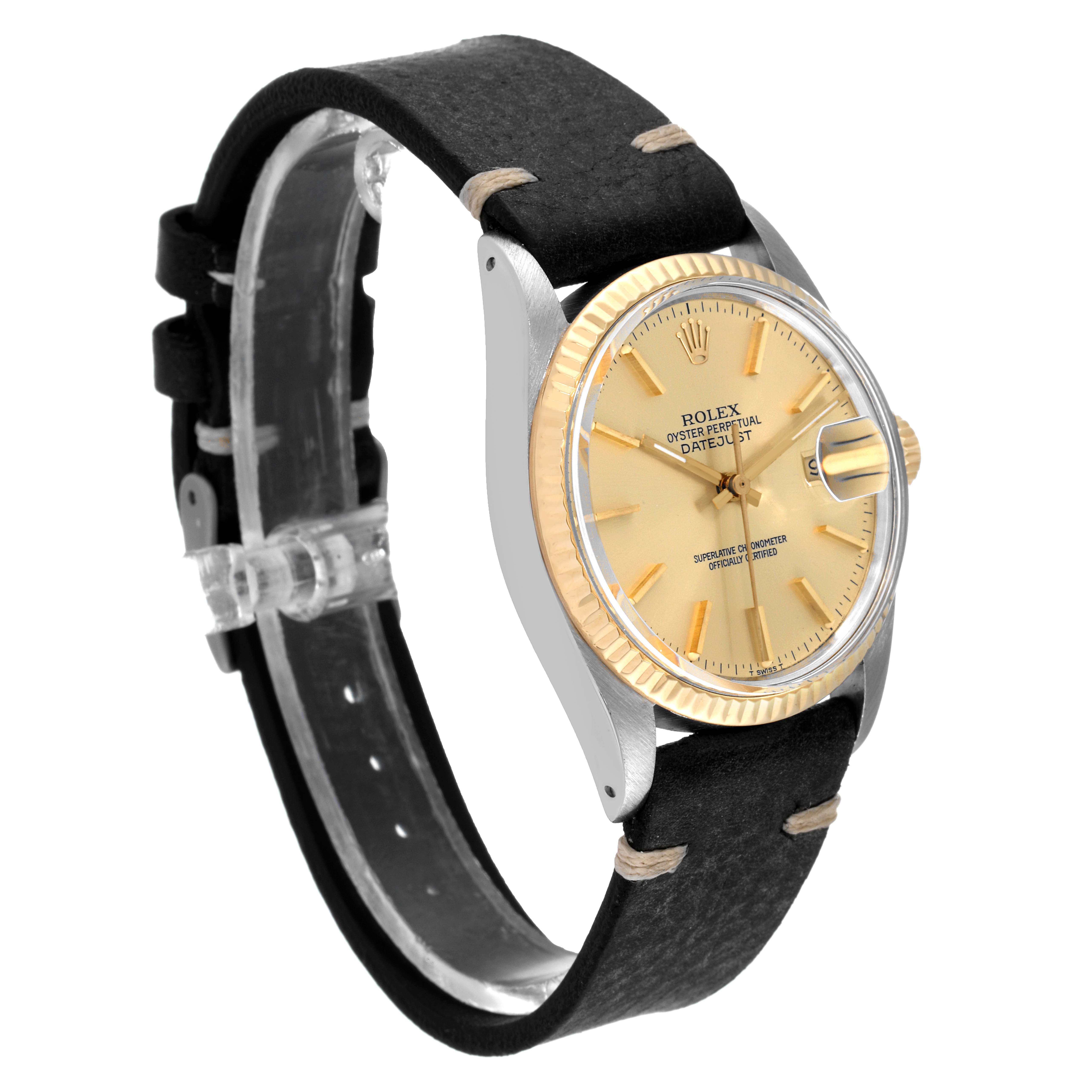 The image shows a side-angle view of the Rolex Vintage Collection 16013 Men's Steel and Gold (two tone) Champagne Dial 16013 Men's Steel and Gold (two tone) Champagne Dial model, featuring the watch face, bezel, and leather strap.