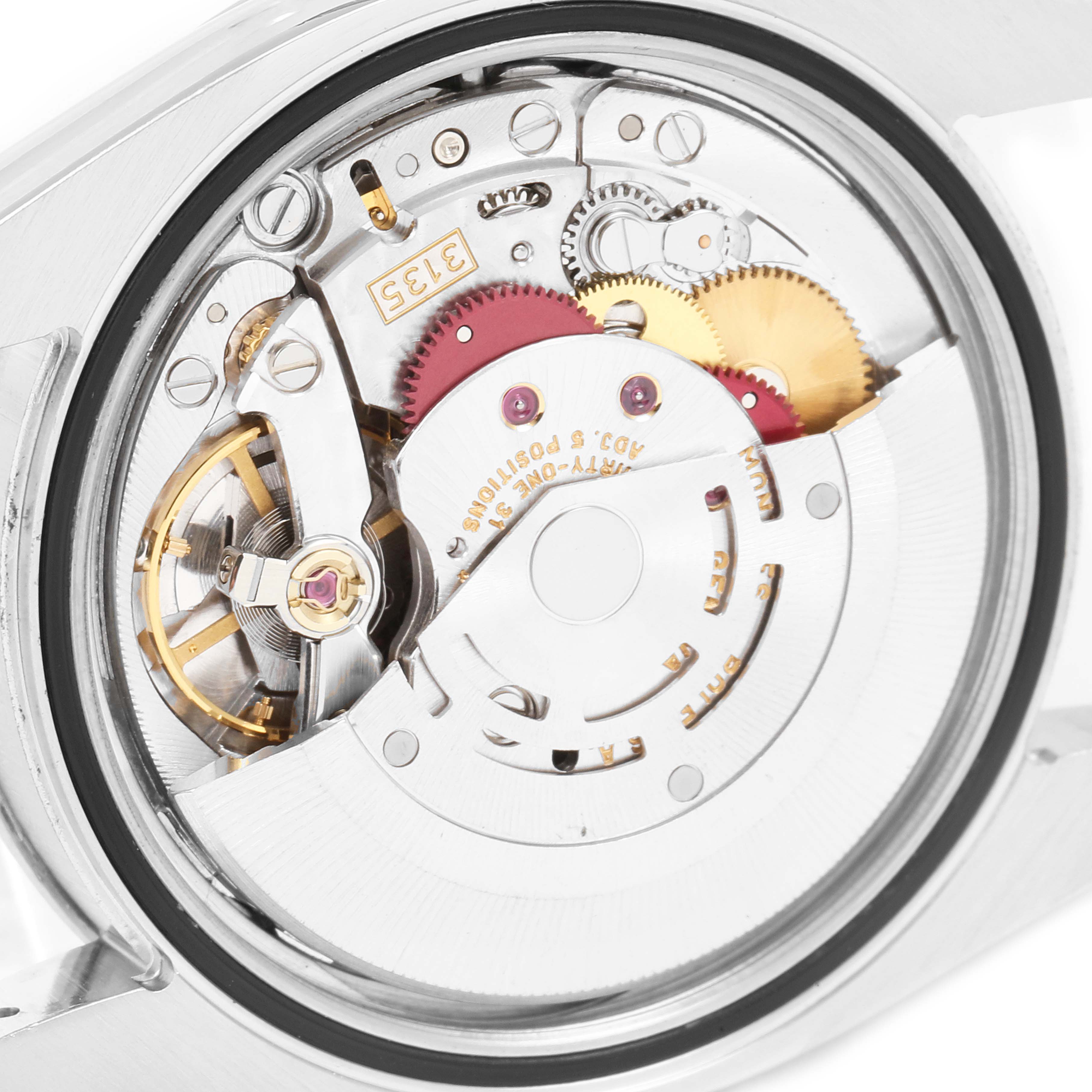 This image shows the internal mechanical movement of the Rolex Turn-o-Graph 116264 Men
s Stainless Steel Black Dial 116264 Men
s Stainless Steel Black Dial watch from a back angle.