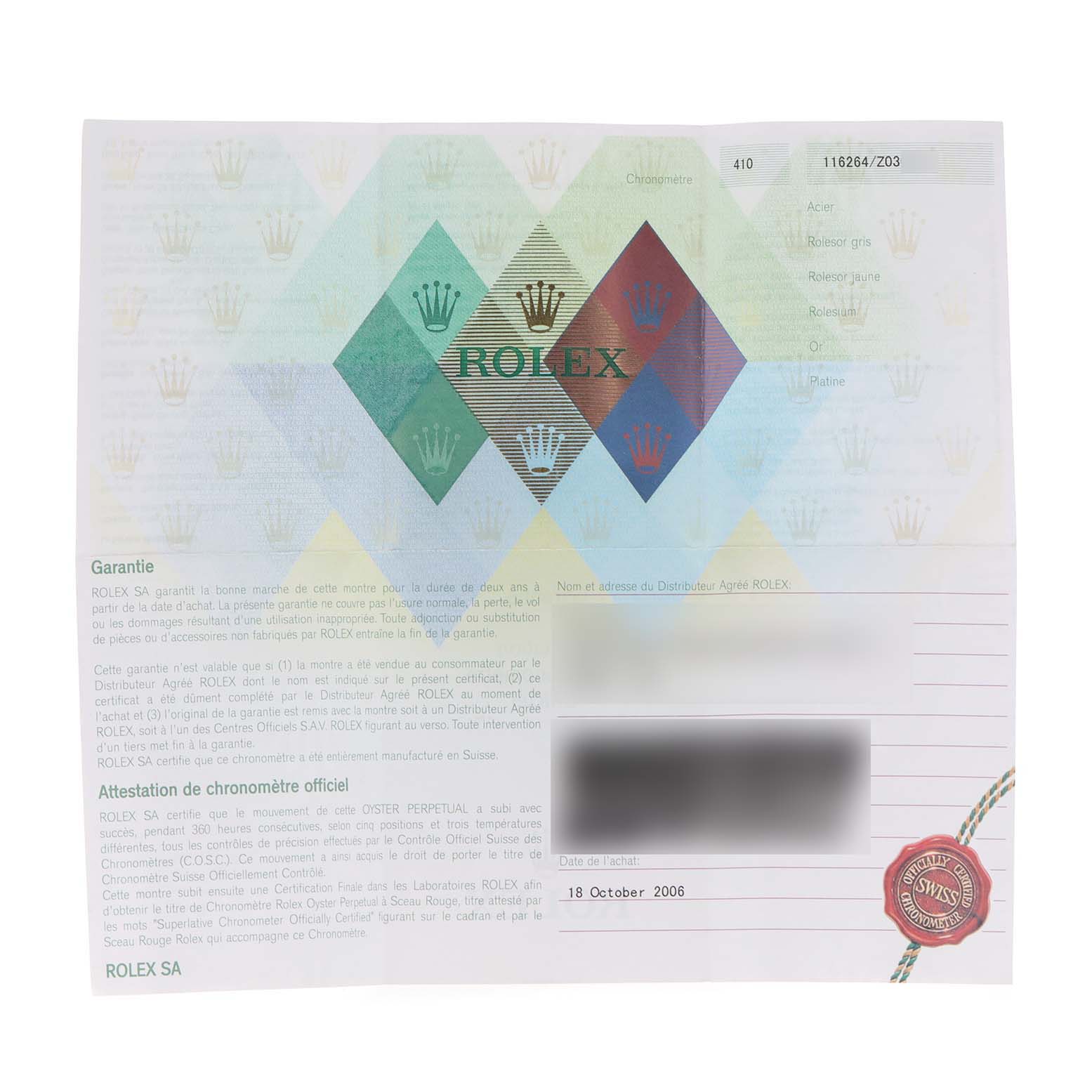 The image shows the warranty certificate for a Rolex Turn-o-Graph 116264 Men
s Stainless Steel Black Dial 116264 Men
s Stainless Steel Black Dial watch.