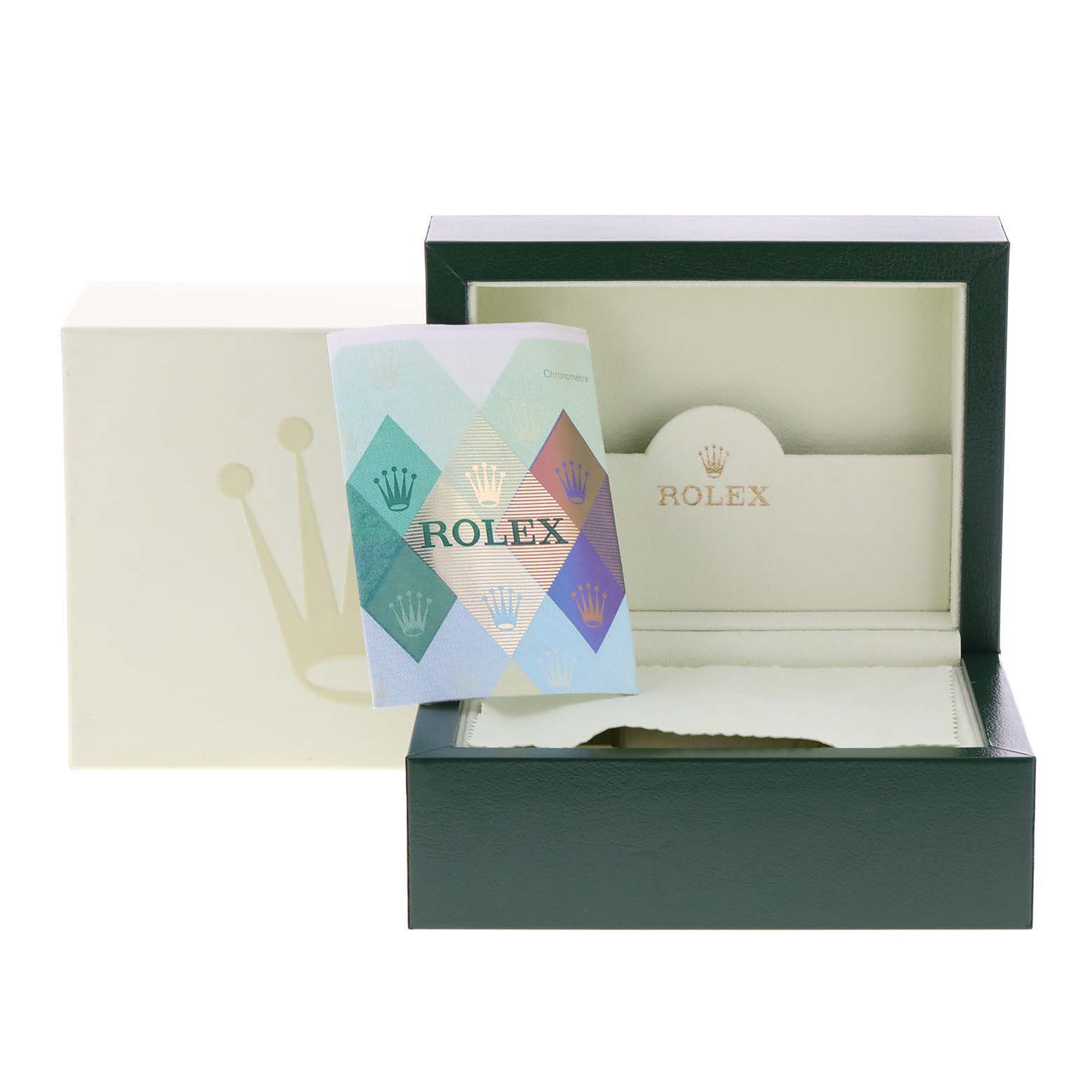 The image shows the packaging, including the box and holographic card, for the Rolex Turn-o-Graph 116264 Men
s Stainless Steel Black Dial 116264 Men
s Stainless Steel Black Dial watch.