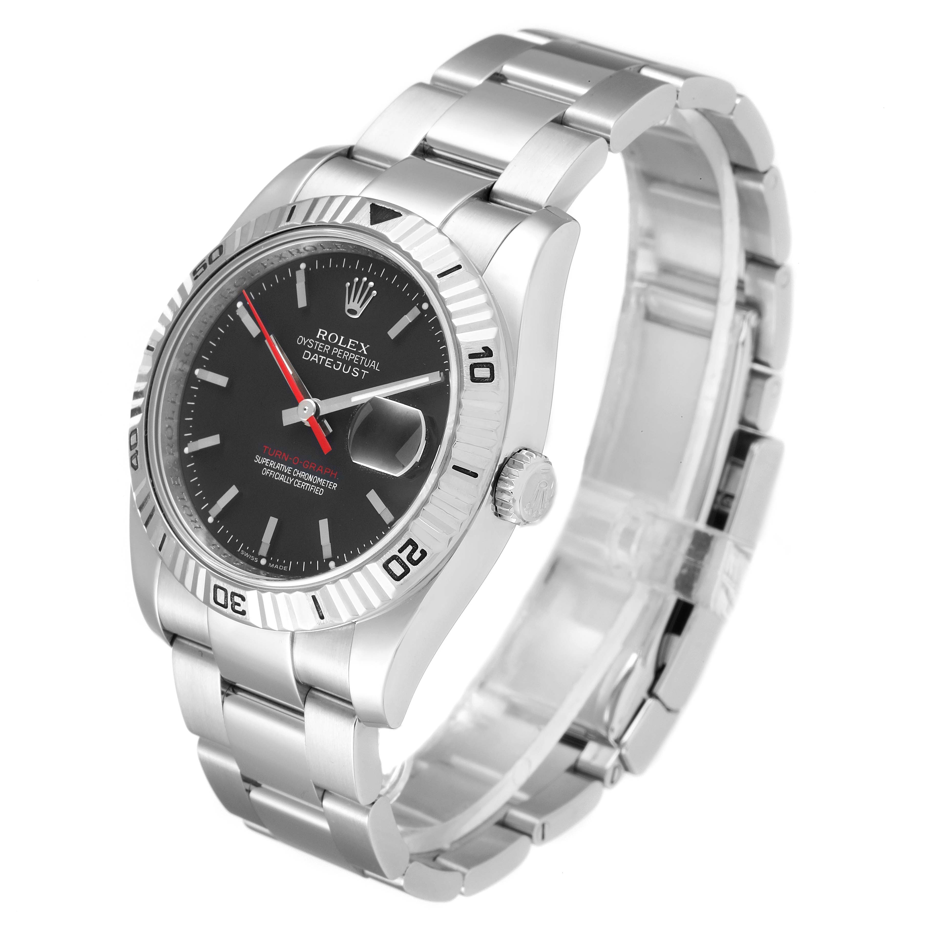 The image shows a Rolex Turn-o-Graph 116264 Men
s Stainless Steel Black Dial 116264 Men
s Stainless Steel Black Dial watch at a three-quarter angle, highlighting its face, bezel, crown, and bracelet.