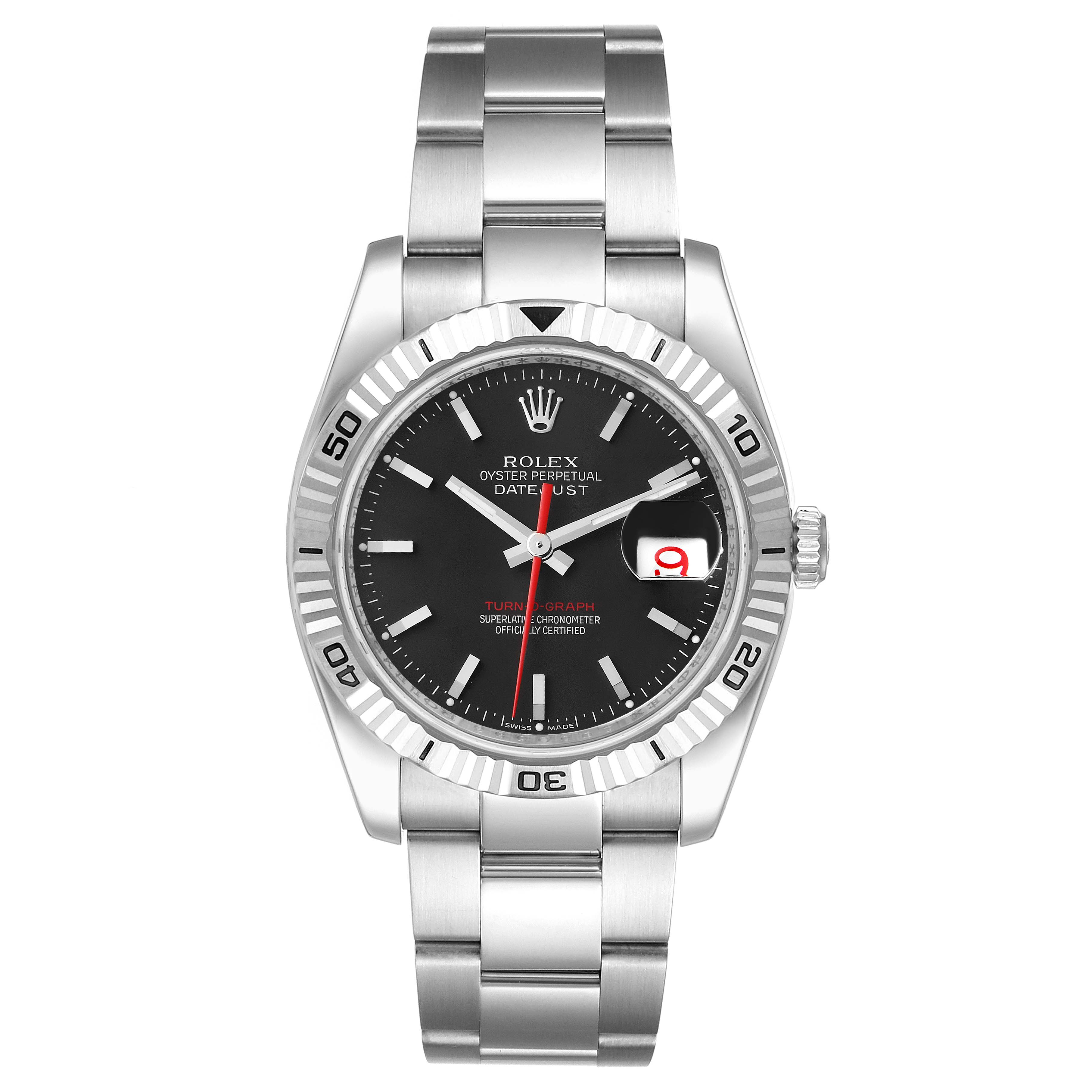 This is a front view of a Rolex Turn-o-Graph 116264 Men
s Stainless Steel Black Dial 116264 Men
s Stainless Steel Black Dial watch, showing the dial, bezel, and stainless steel bracelet.