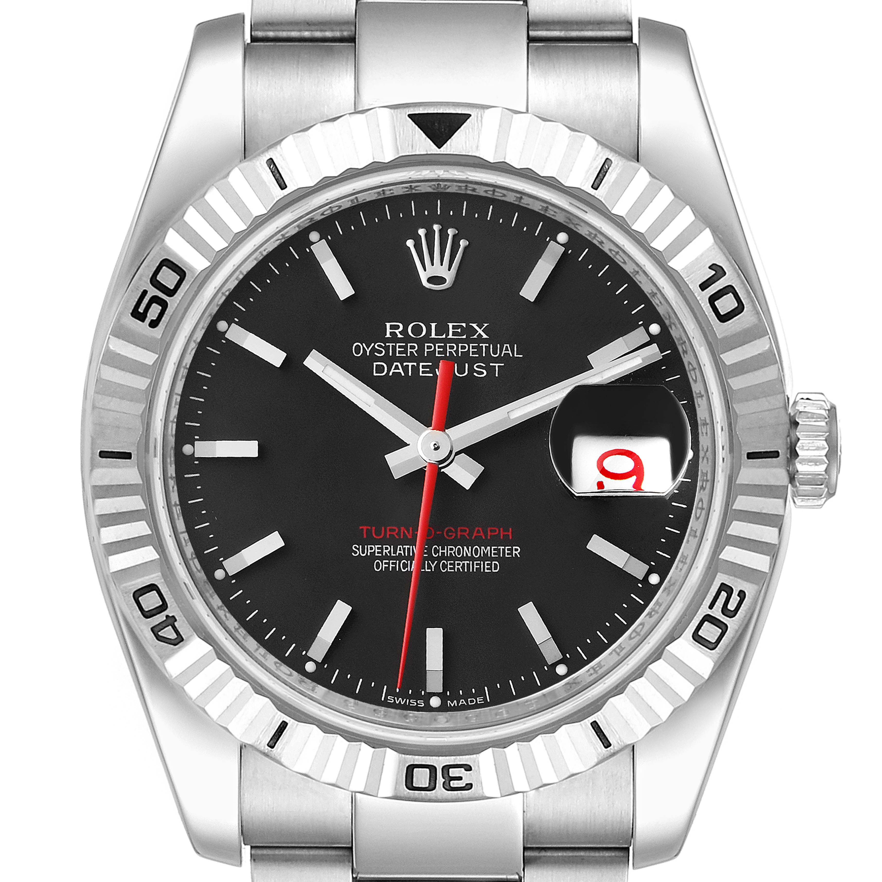 This image shows a Rolex Turn-o-Graph 116264 Men
s Stainless Steel Black Dial 116264 Men
s Stainless Steel Black Dial watch from a front angle, highlighting its dial, bezel, and date window.