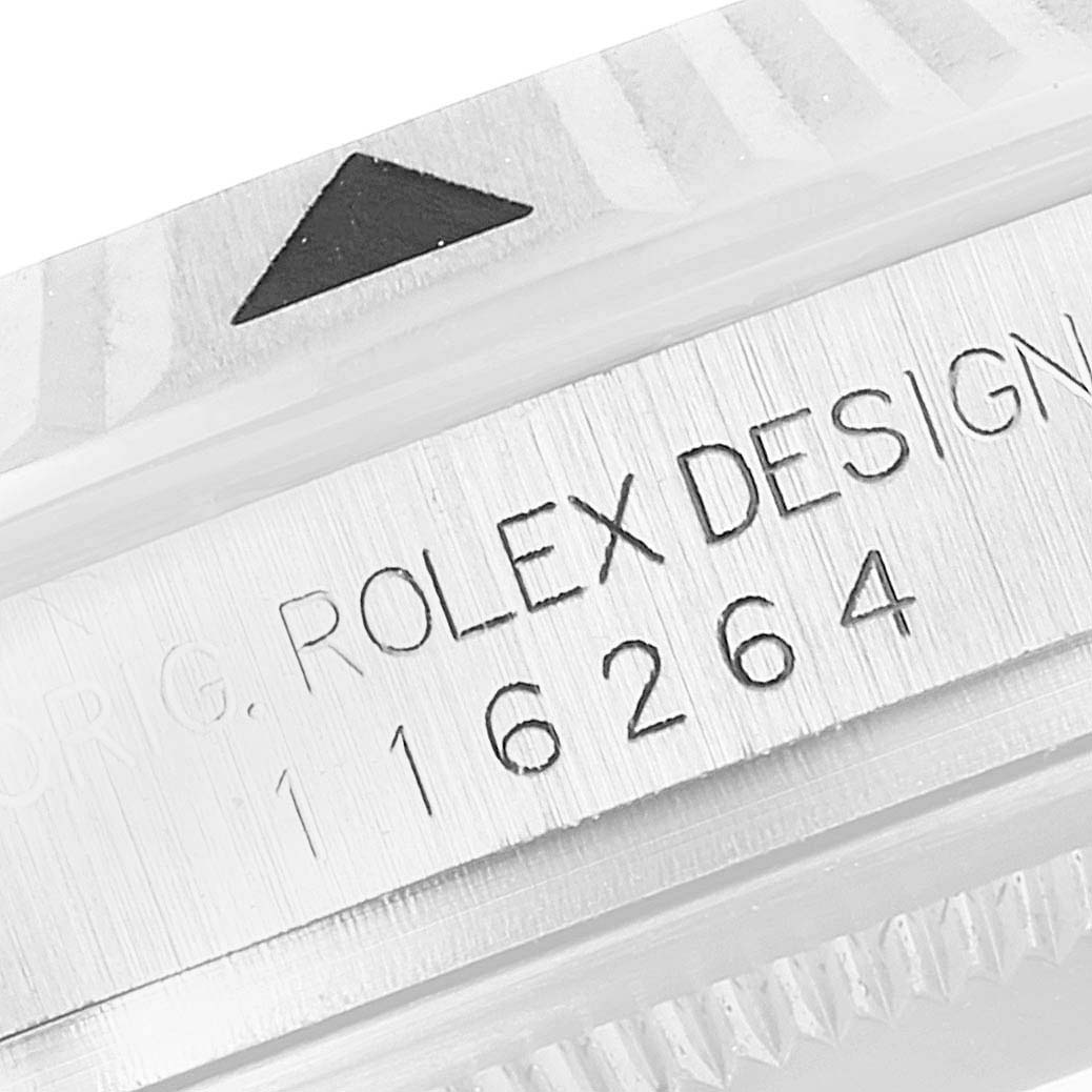 This close-up image shows the bezel and engraved model number 116264 of the Rolex Turn-o-Graph 116264 Men
s Stainless Steel Black Dial 116264 Men
s Stainless Steel Black Dial watch.