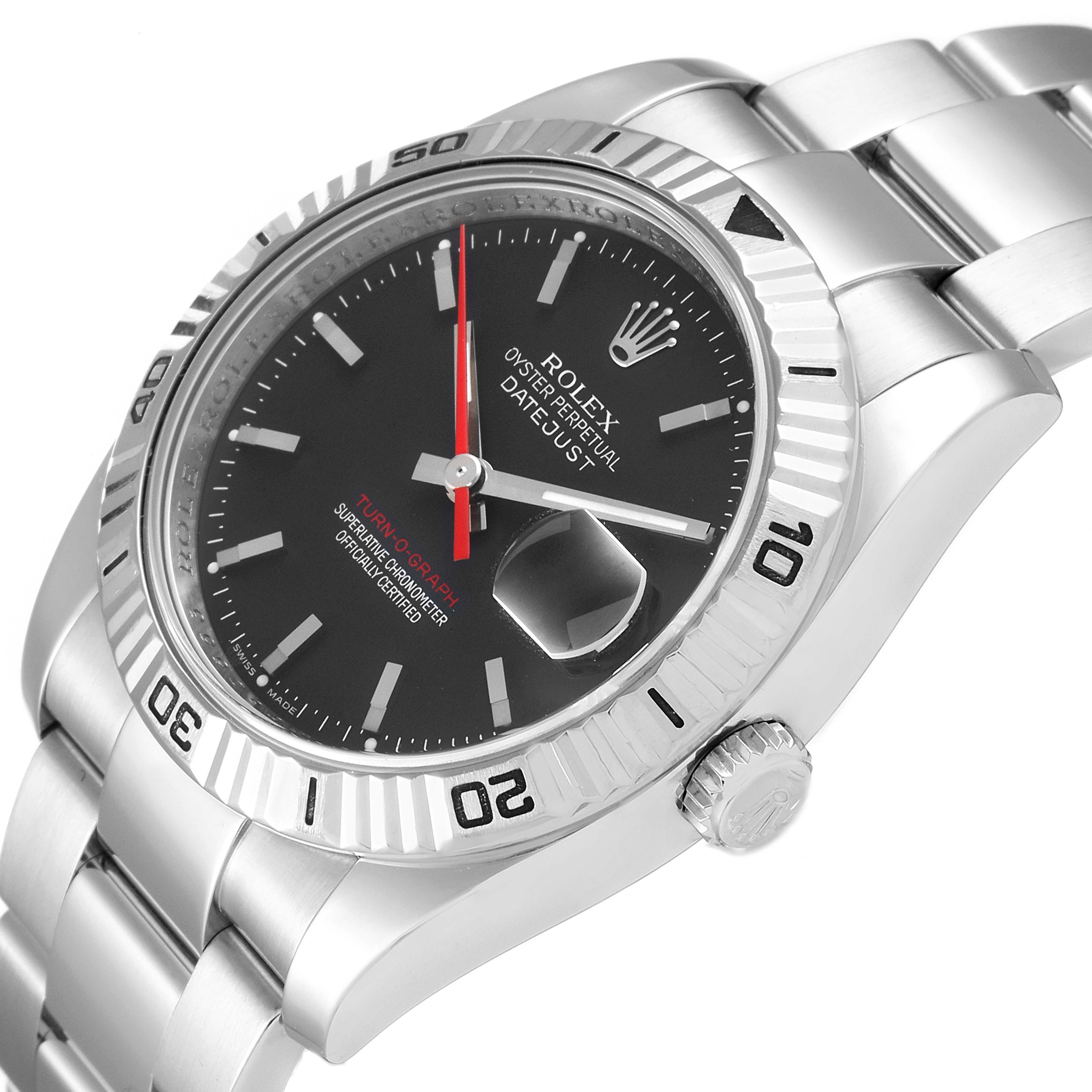 The image shows a Rolex Turn-o-Graph 116264 Men
s Stainless Steel Black Dial 116264 Men
s Stainless Steel Black Dial watch at an angle highlighting the bezel, dial, and bracelet.