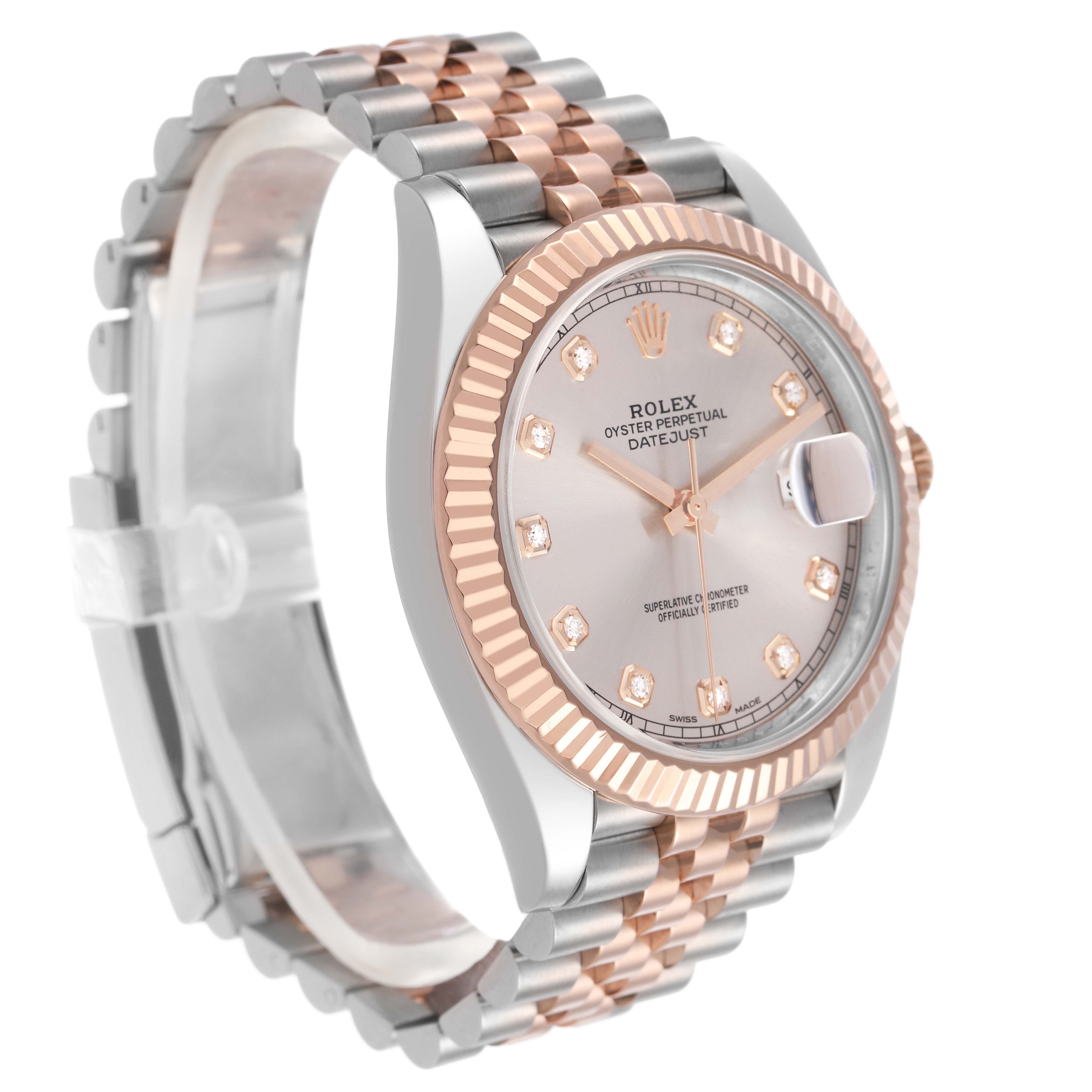 The image shows a Rolex Datejust 41 126331 Men's Steel and Gold (two tone) Pink Dial watch at a three-quarter angle, highlighting its dial, bezel, and part of the bracelet.
