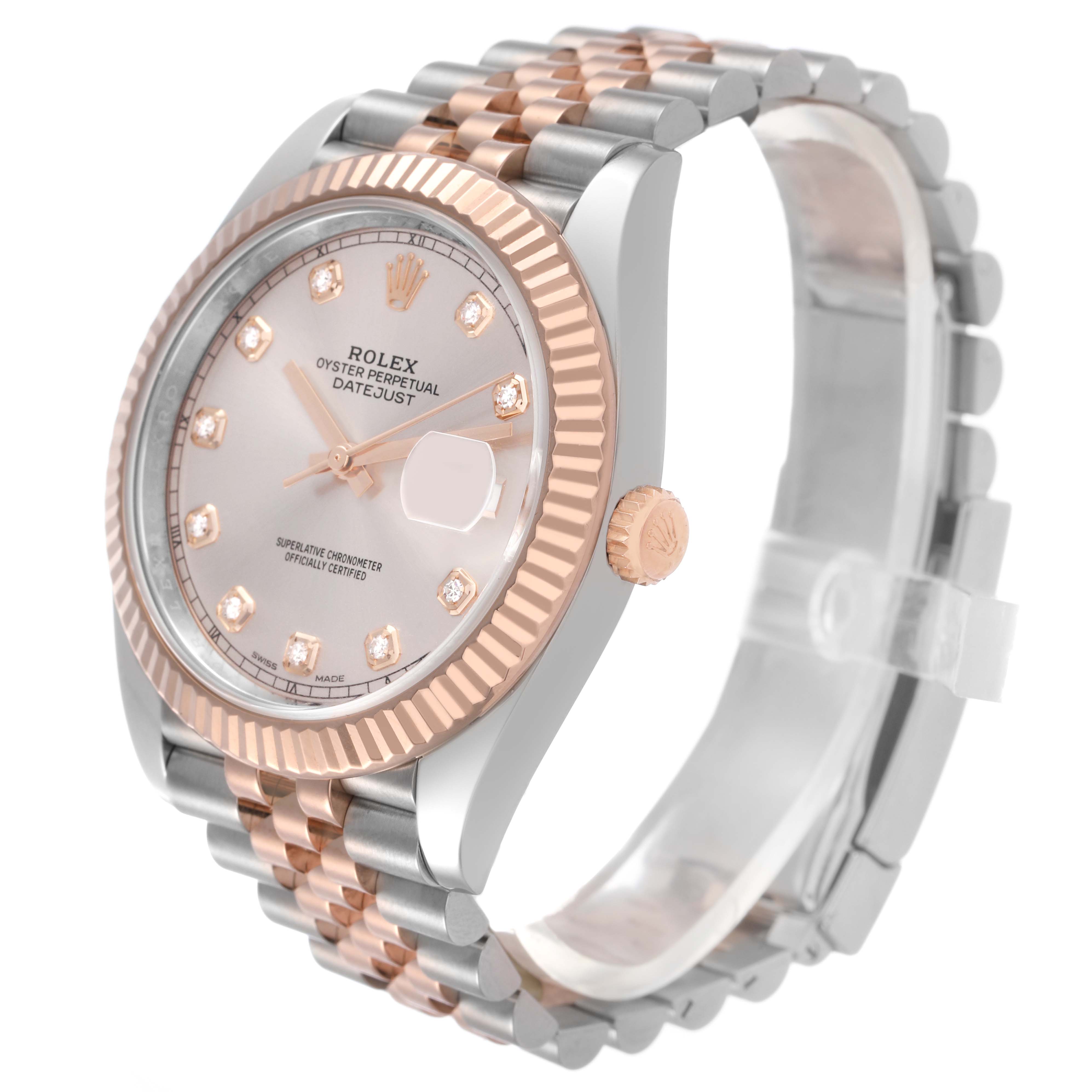 The Rolex Datejust 41 126331 Men's Steel and Gold (two tone) Pink Dial is shown at an angled side view, highlighting the face, bezel, crown, and the two-tone bracelet.