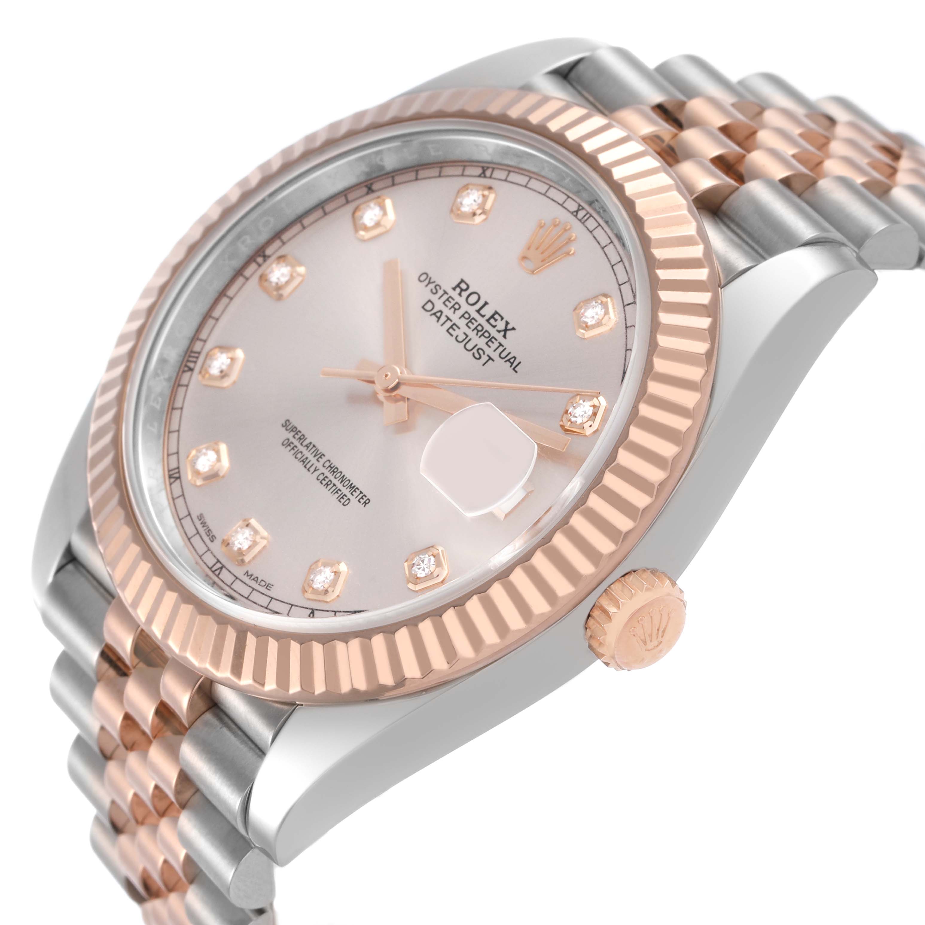 The Rolex Datejust 41 126331 Men's Steel and Gold (two tone) Pink Dial is shown at a slight angle, highlighting the rose gold fluted bezel, crown, and diamond hour markers.