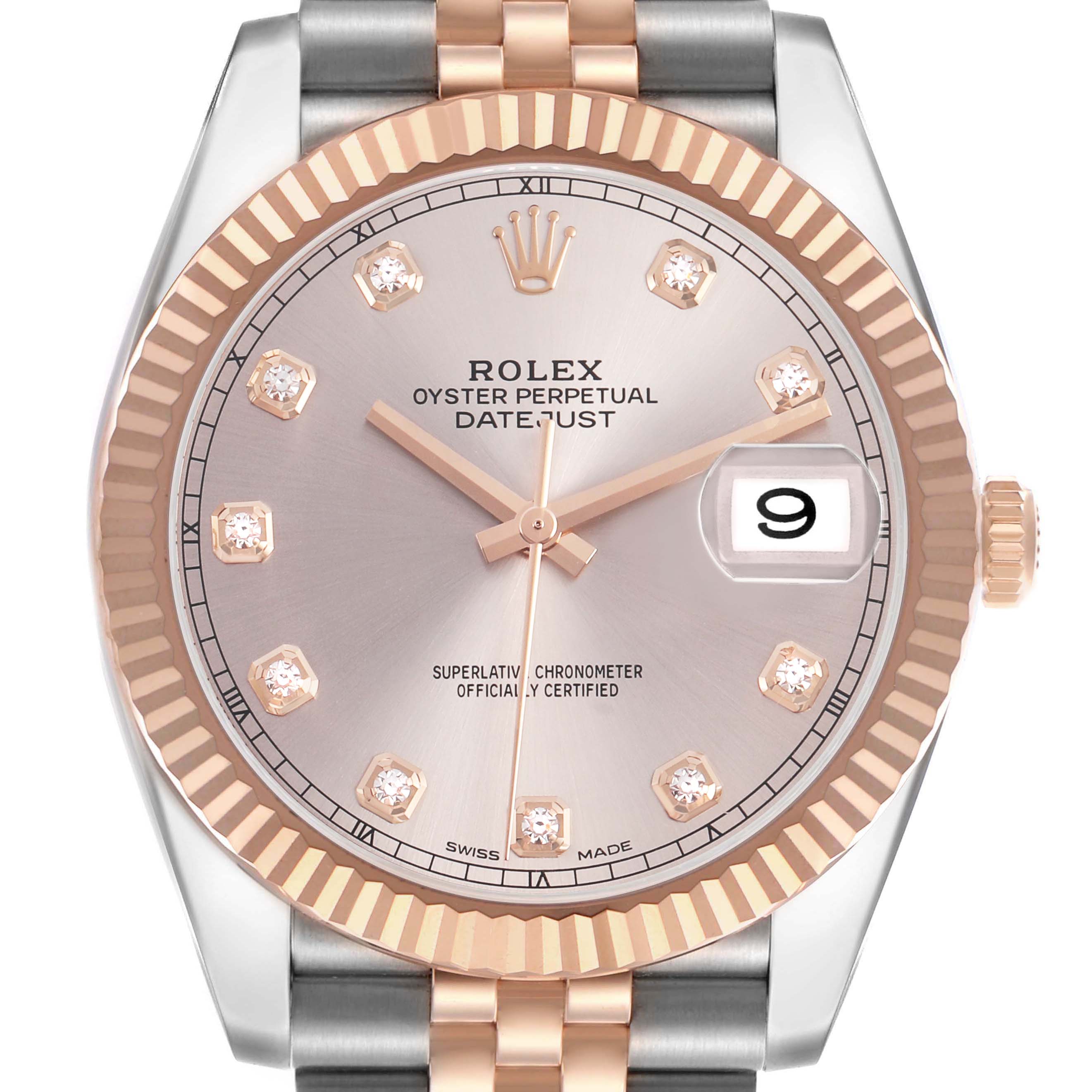 The Rolex Datejust 41 126331 Men's Steel and Gold (two tone) Pink Dial is shown from a front angle, highlighting the face, bezel, crown, and part of the bracelet.