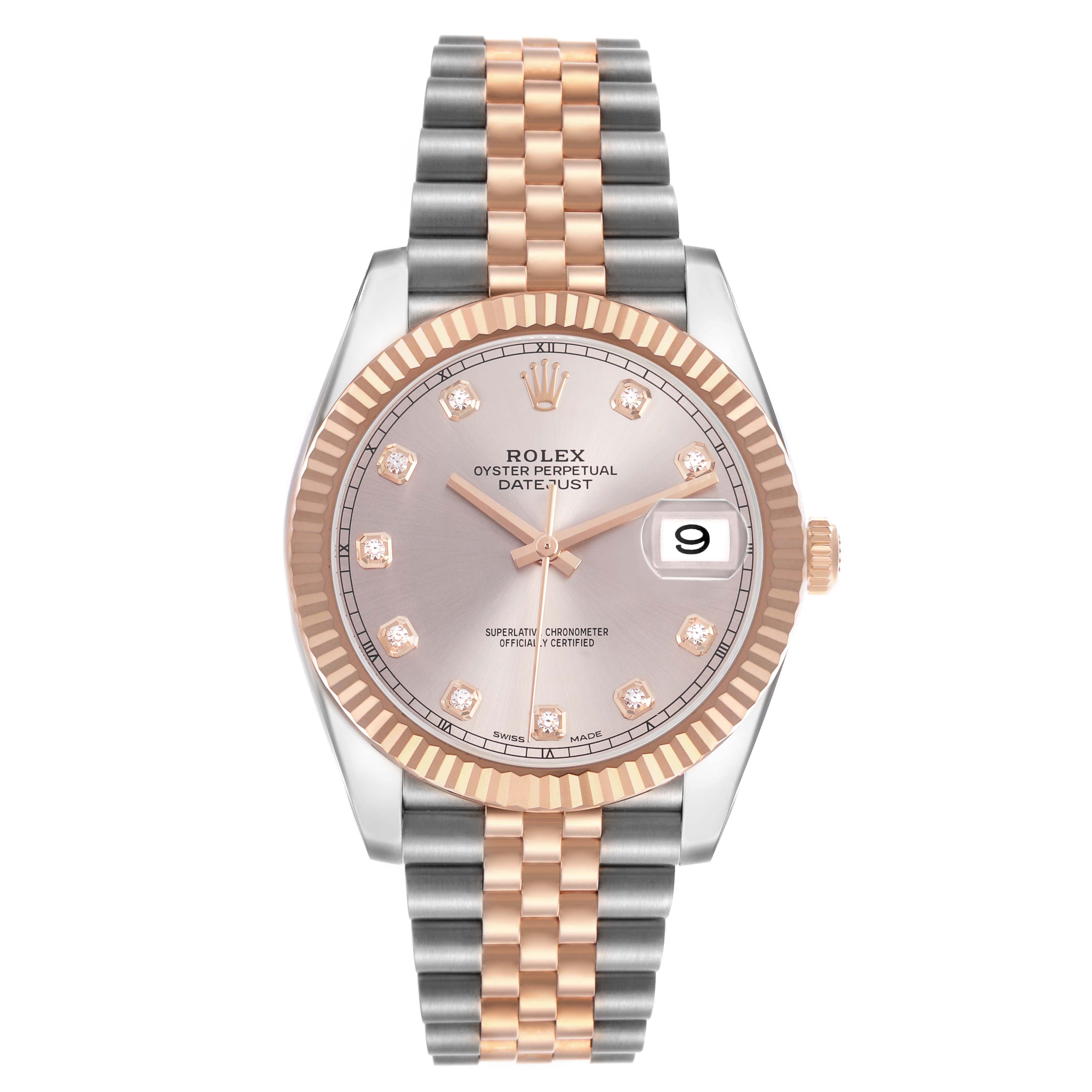 The Rolex Datejust 41 126331 Men's Steel and Gold (two tone) Pink Dial watch is shown from the front, displaying the face, bezel, dial, and bracelet.