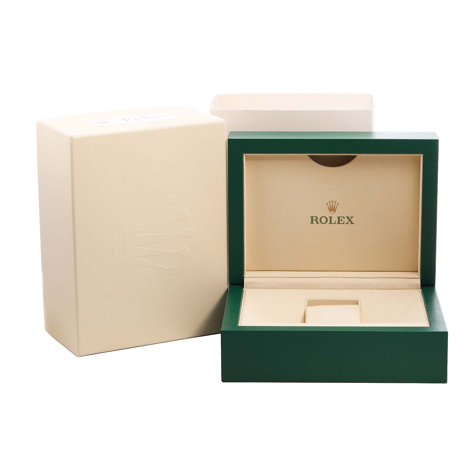 The image shows an open Rolex Datejust 41 126331 Men's Steel and Gold (two tone) Pink Dial watch box, highlighting the interior and outer packaging.