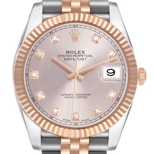 The Rolex Datejust 41 126331 Men's Steel and Gold (two tone) Pink Dial watch is shown from the front, highlighting the dial, bezel, crown, and part of the bracelet.