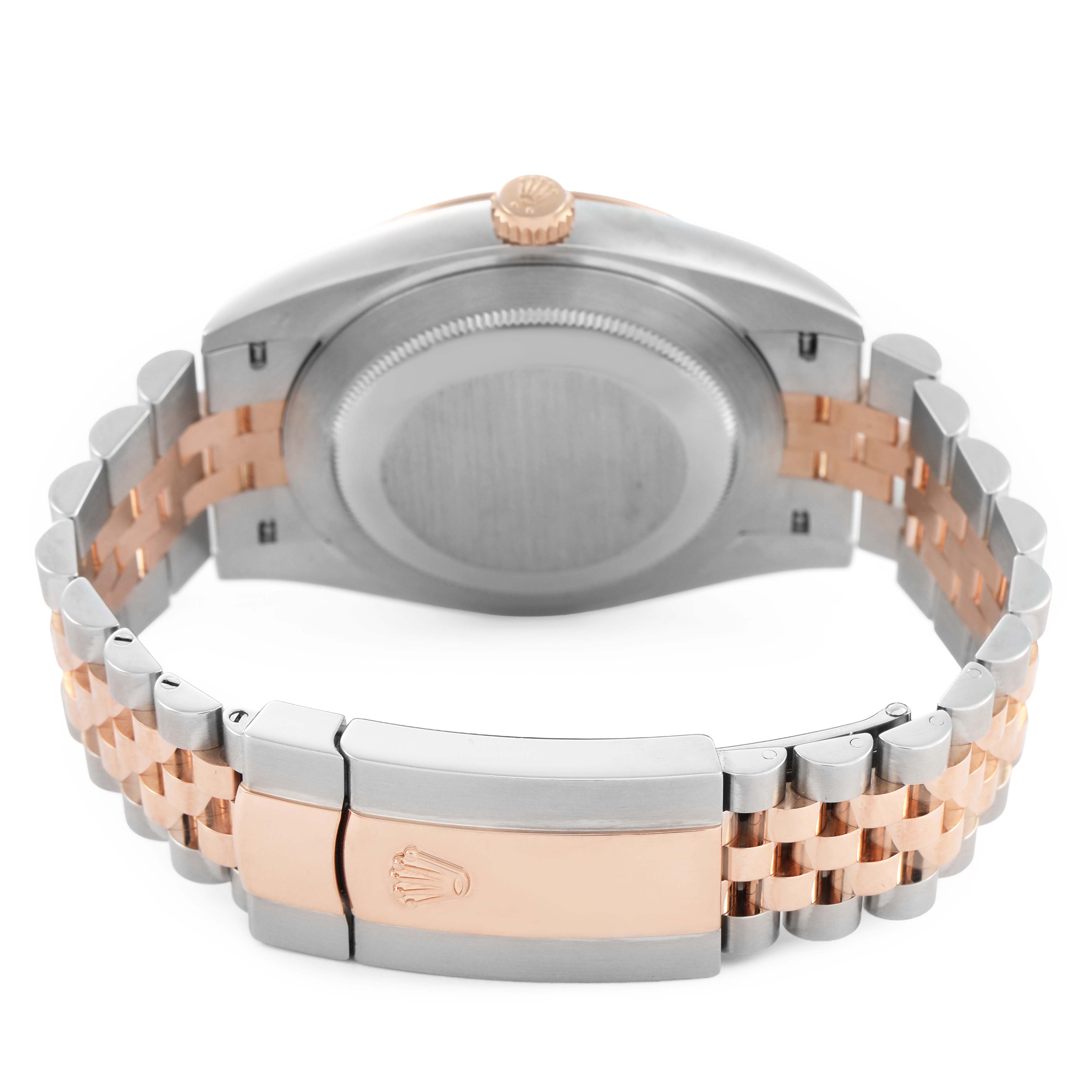 The image shows the back view of a Rolex Datejust 41 126331 Men's Steel and Gold (two tone) Pink Dial, highlighting the clasp, case back, and two-tone bracelet.