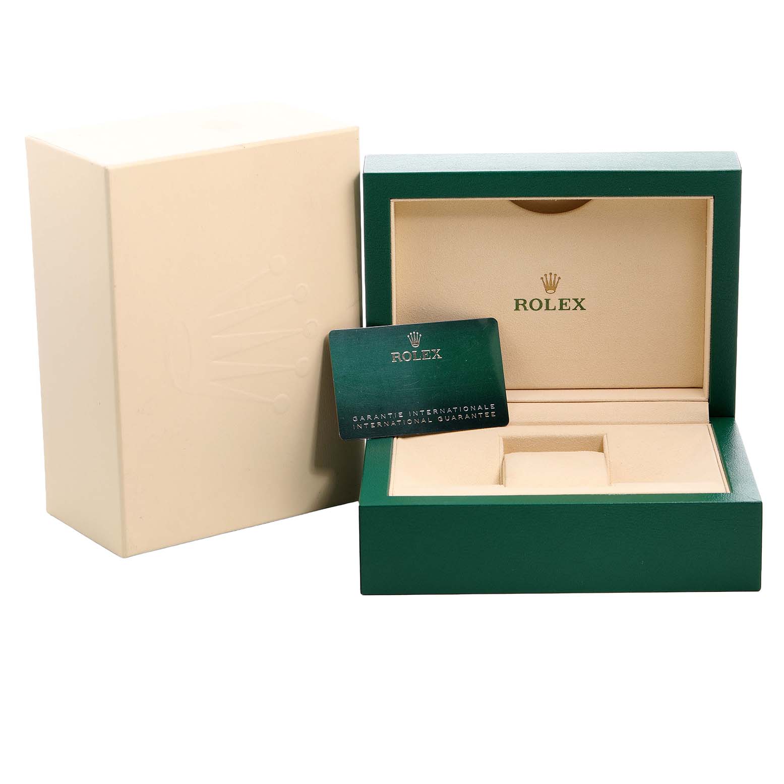 The image shows the packaging and warranty card for a Rolex Datejust 41 126334 Men's Stainless Steel Green Dial, featuring a beige inner box and a green outer box.