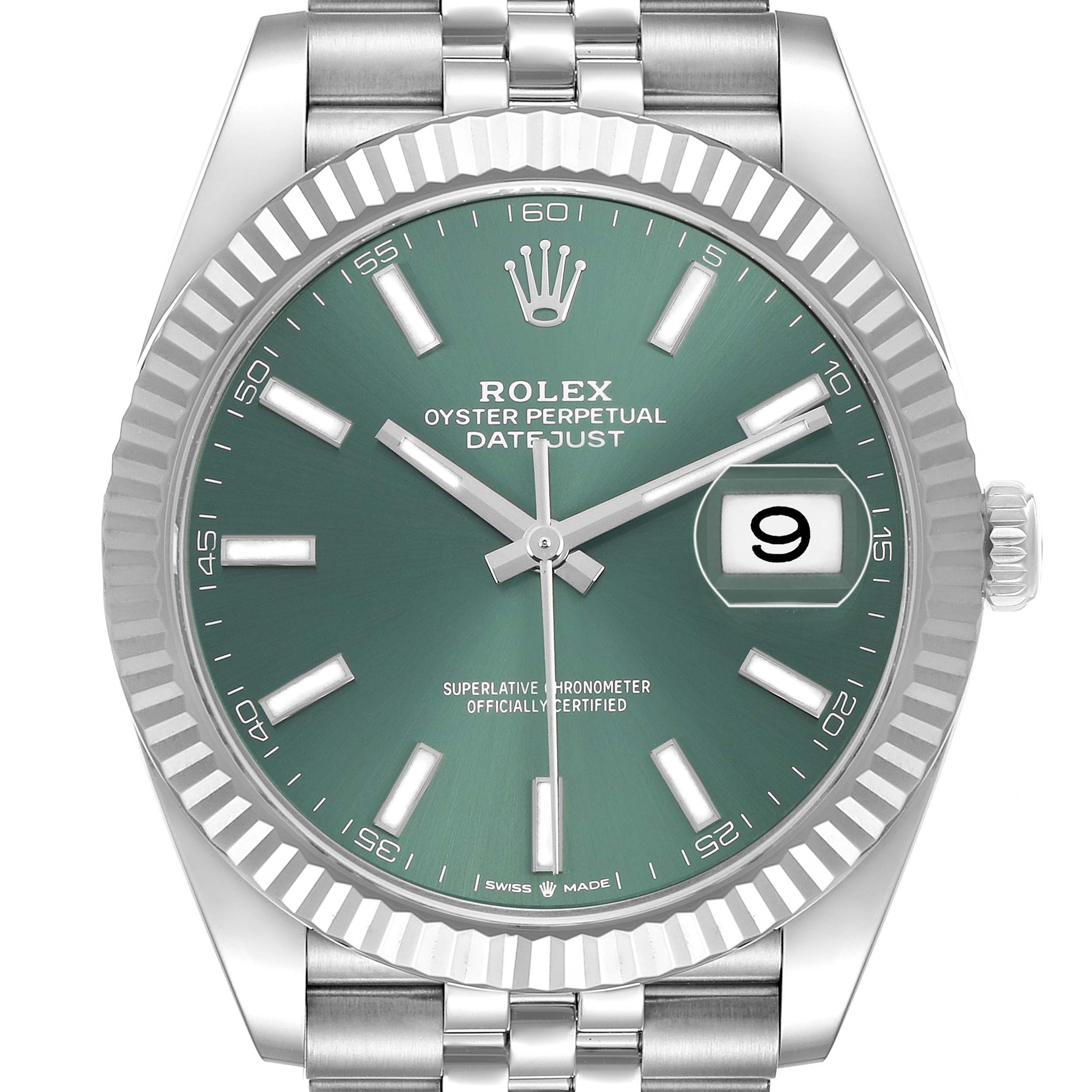 The Rolex Datejust 41 126334 Men's Stainless Steel Green Dial watch is shown from a front angle, highlighting its green dial, fluted bezel, and part of the bracelet.