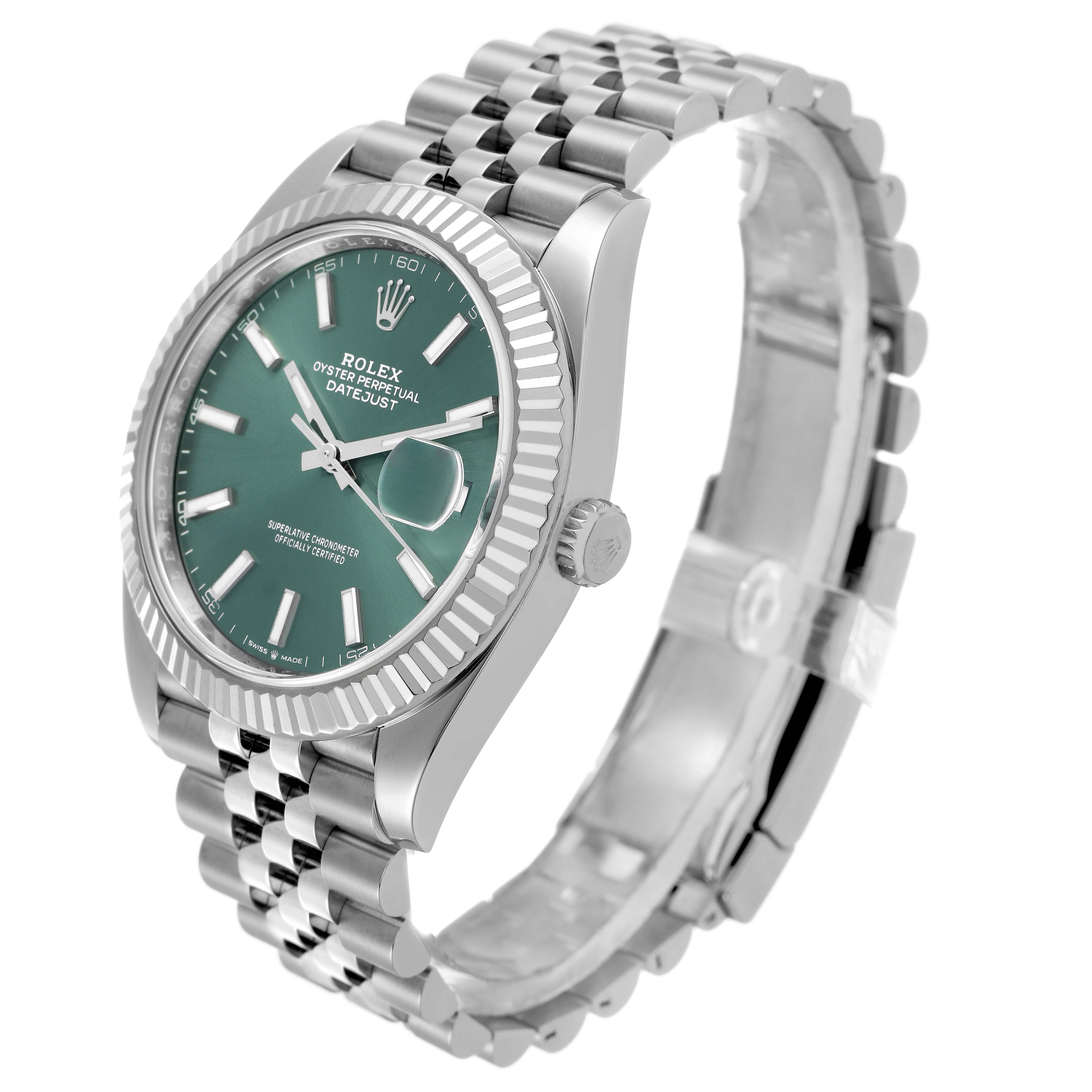 The Rolex Datejust 41 126334 Men's Stainless Steel Green Dial watch is shown from a side angle, displaying the dial, bezel, crown, and bracelet.