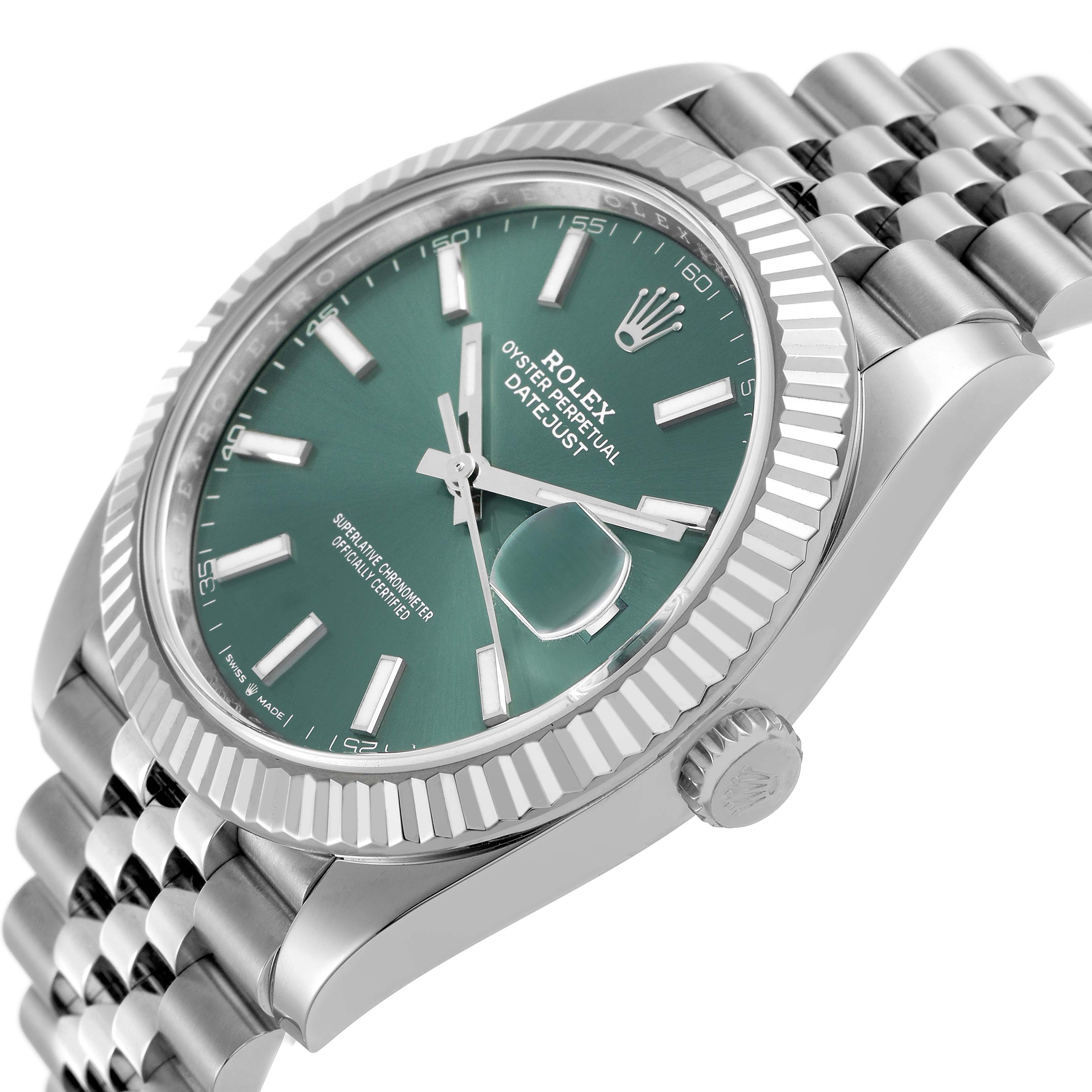The Rolex Datejust 41 126334 Men's Stainless Steel Green Dial is shown at a slight angle highlighting the bezel, green dial, Cyclops lens, crown, and Jubilee bracelet.