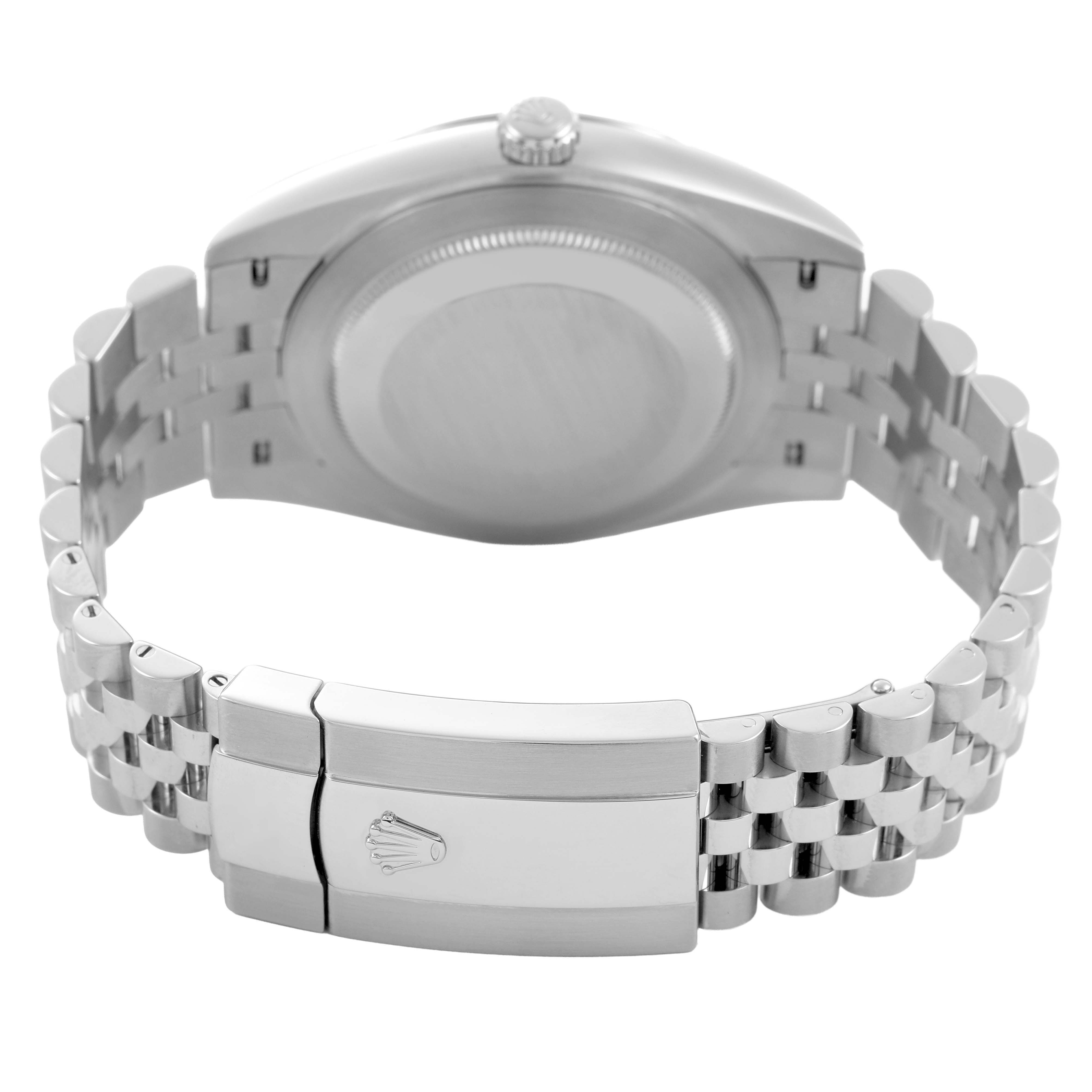 The image shows the back of a Rolex Datejust 41 126334 Men's Stainless Steel Green Dial, highlighting the case back, bracelet, and clasp with the Rolex emblem.