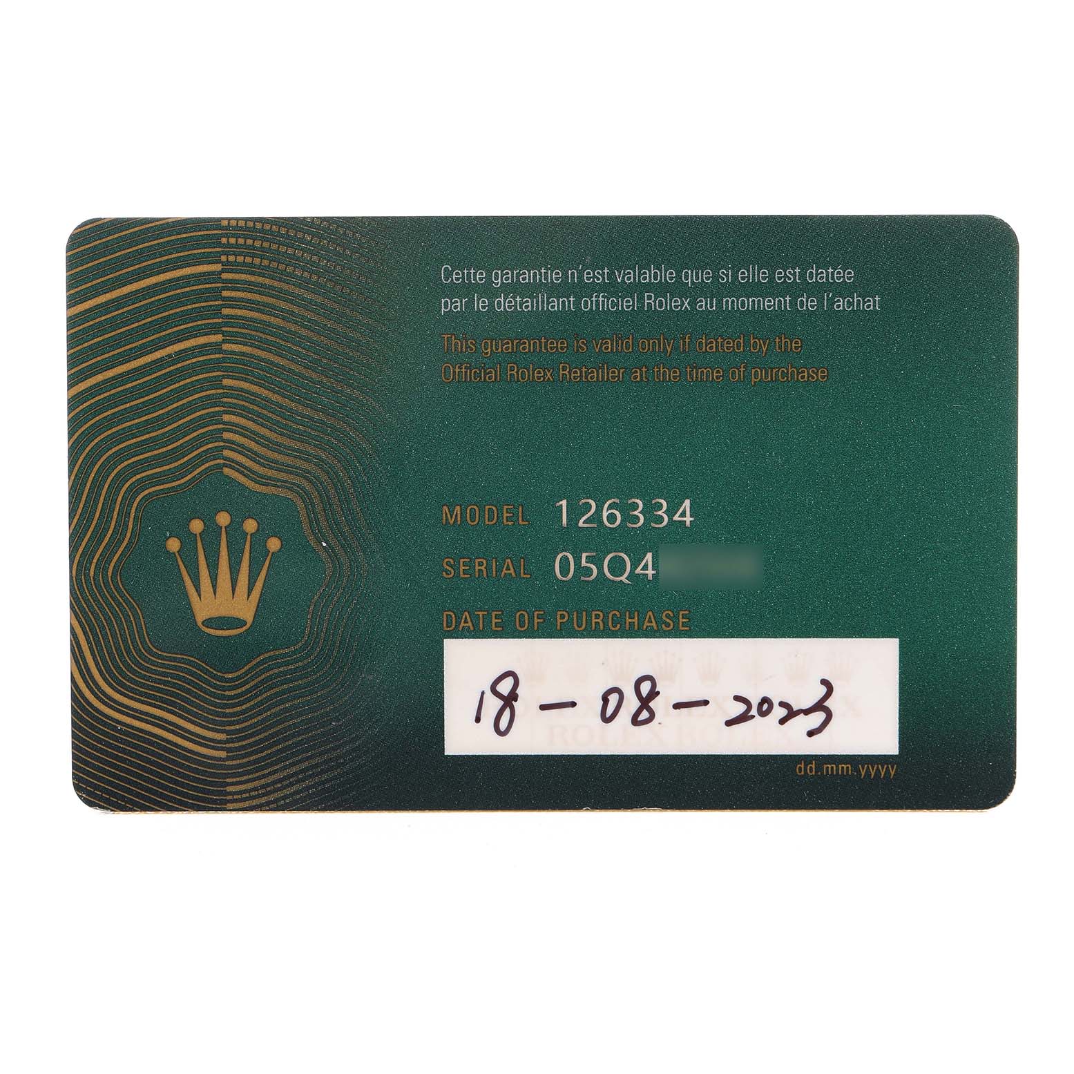 The image shows the warranty card for the Rolex Datejust 41 126334 Men's Stainless Steel Green Dial model, displaying model and serial numbers.