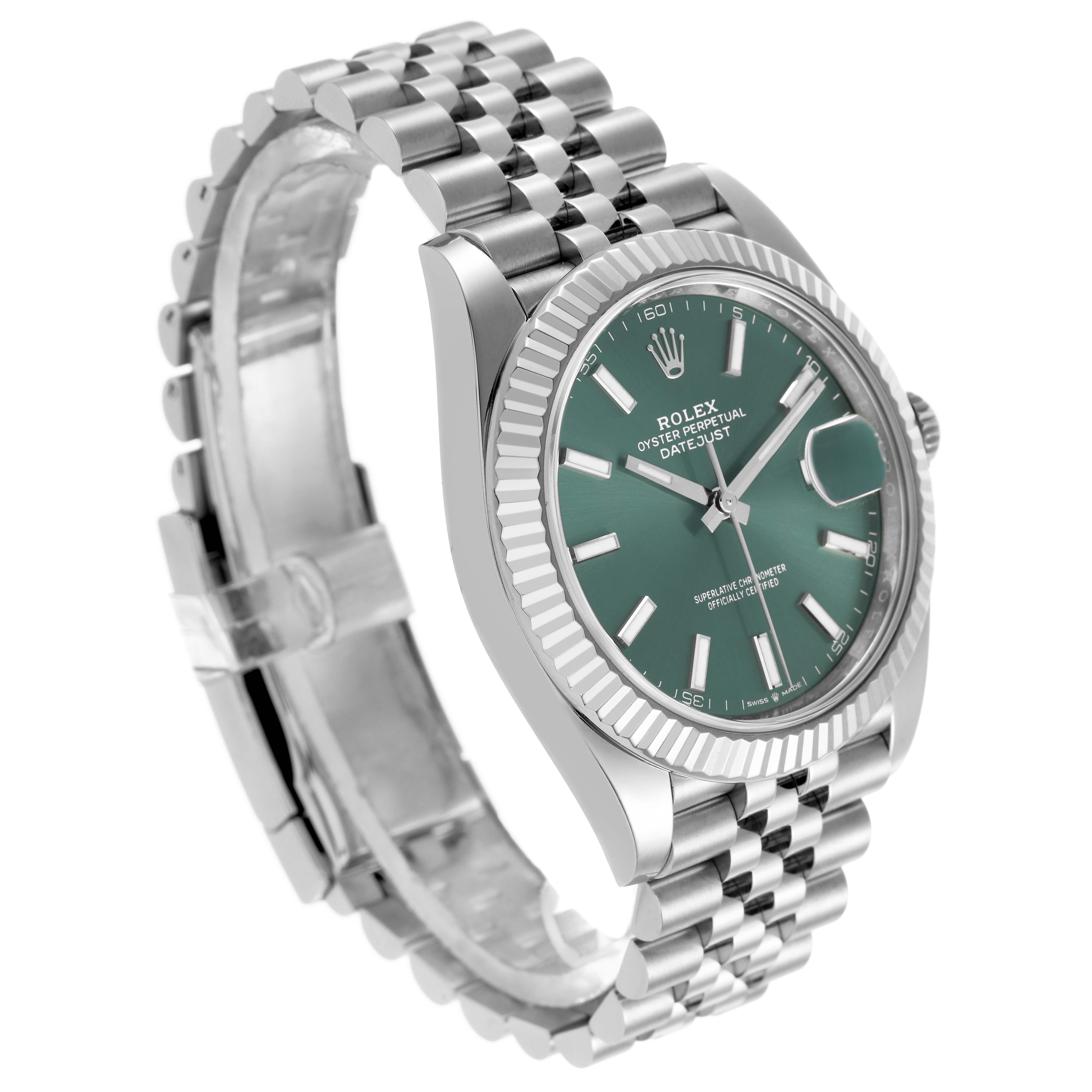 The Rolex Datejust 41 126334 Men's Stainless Steel Green Dial watch is shown at an angle highlighting the green dial, fluted bezel, and Jubilee bracelet.