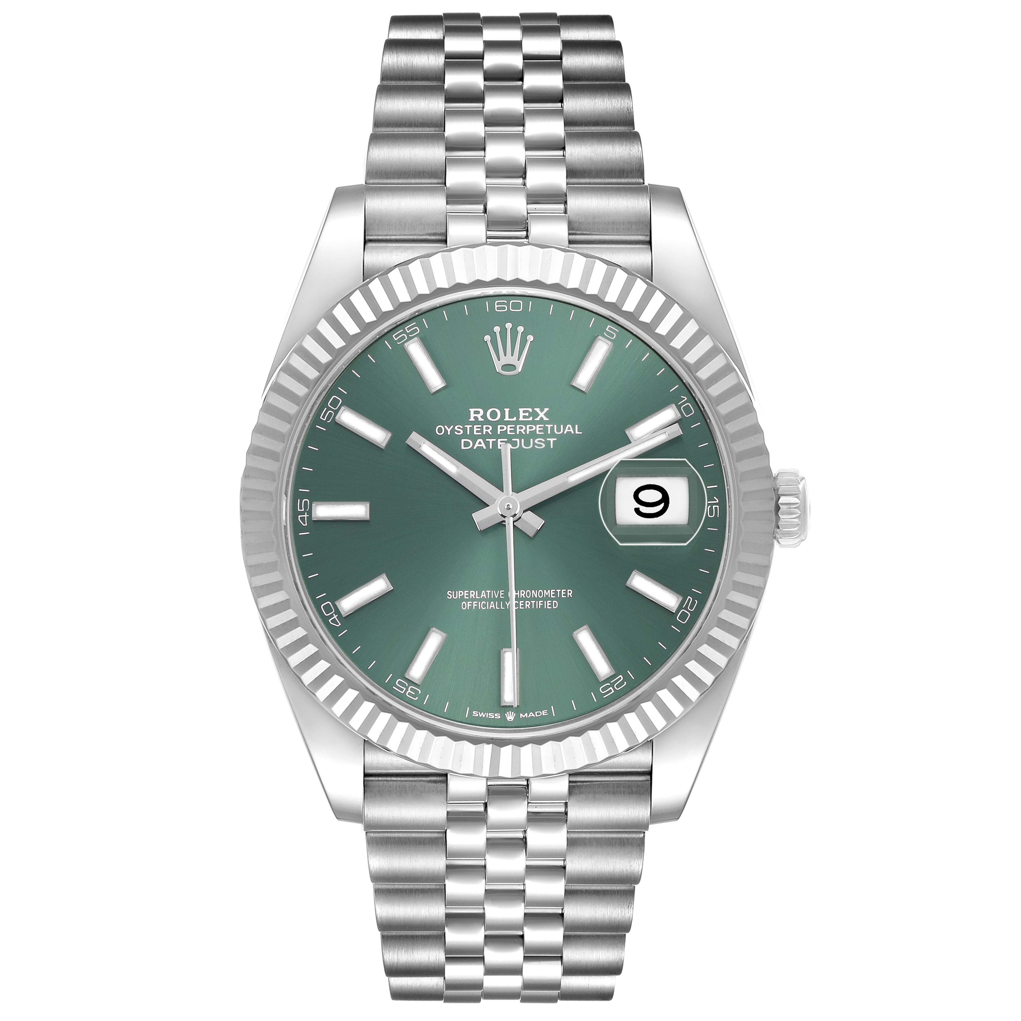 The Rolex Datejust 41 126334 Men's Stainless Steel Green Dial is shown from a front angle, highlighting the green dial, bezel, bracelet, and date window at 3 o'clock.