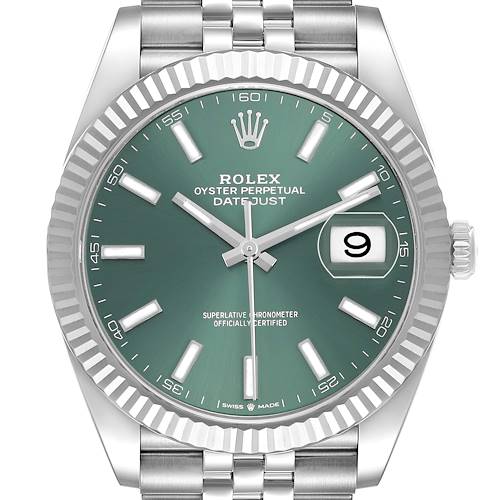 The Rolex Datejust 41 126334 Men's Stainless Steel Green Dial watch is shown from a top-down angle, highlighting the dial, fluted bezel, hands, and bracelet.