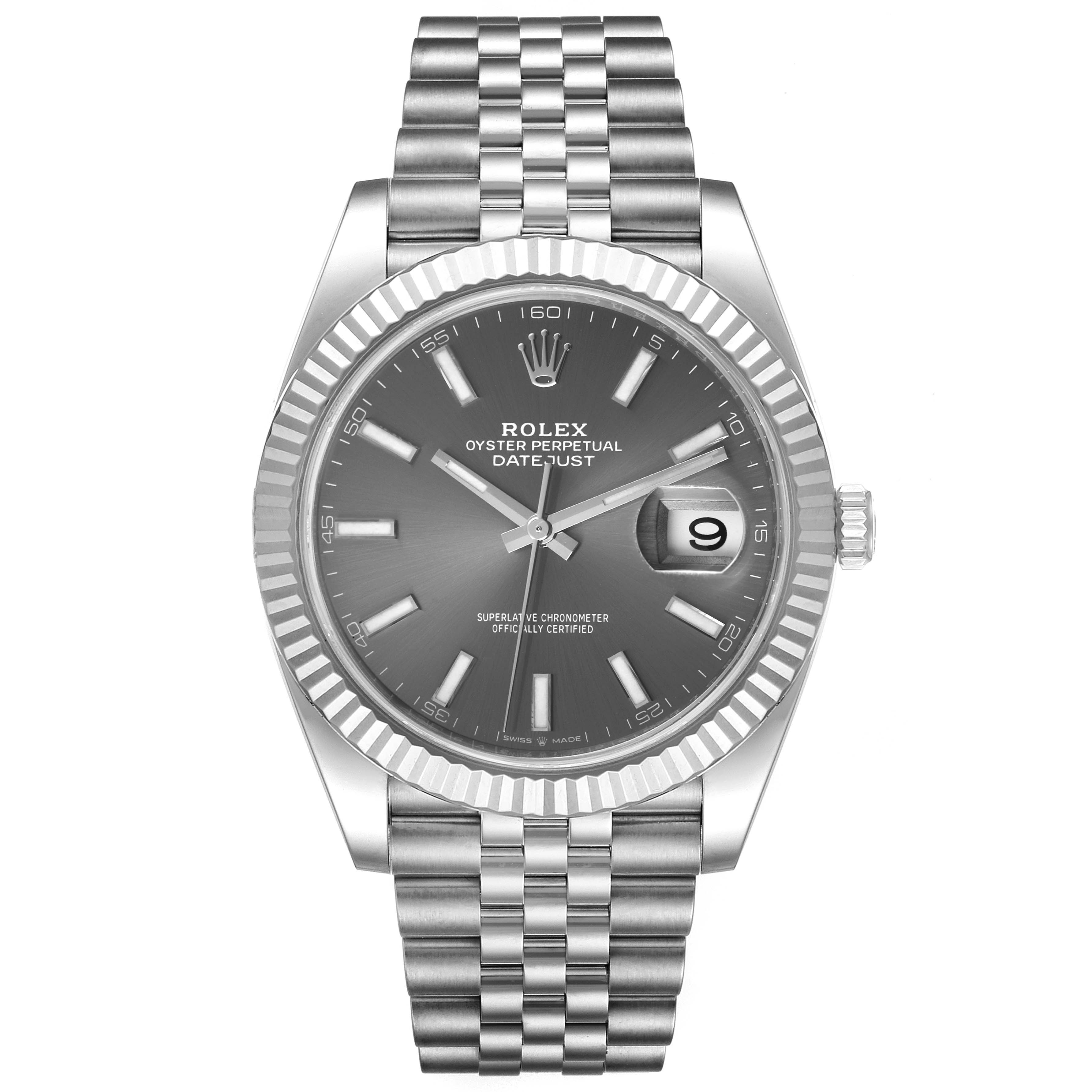 The image shows a Rolex Datejust 41 126334 Men's Stainless Steel Grey Dial 126334 Men's Stainless Steel Grey Dial watch from a straight-on angle, displaying its dial, fluted bezel, and Jubilee bracelet.
