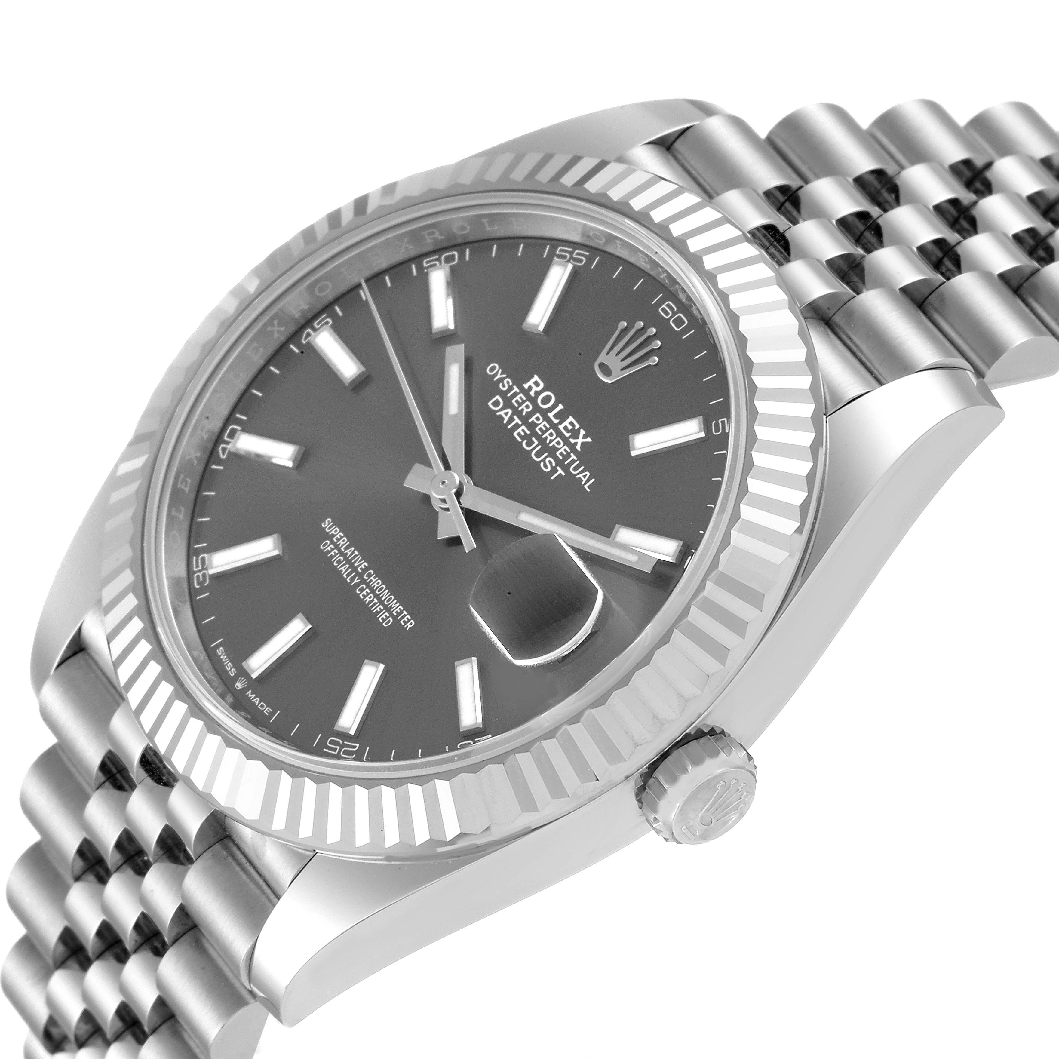 The image shows a close-up angled view of the Rolex Datejust 41 126334 Men's Stainless Steel Grey Dial 126334 Men's Stainless Steel Grey Dial, highlighting its fluted bezel, dial, and part of the bracelet.