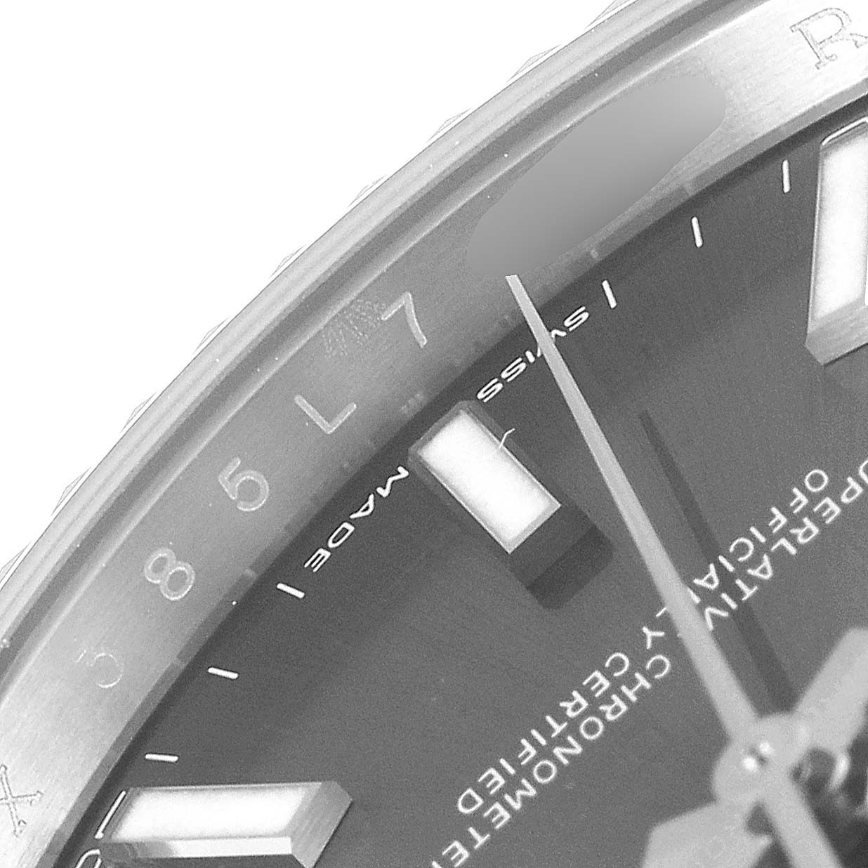 The image shows a close-up angle of the dial and part of the bezel of the Rolex Datejust 41 126334 Men's Stainless Steel Grey Dial 126334 Men's Stainless Steel Grey Dial watch.