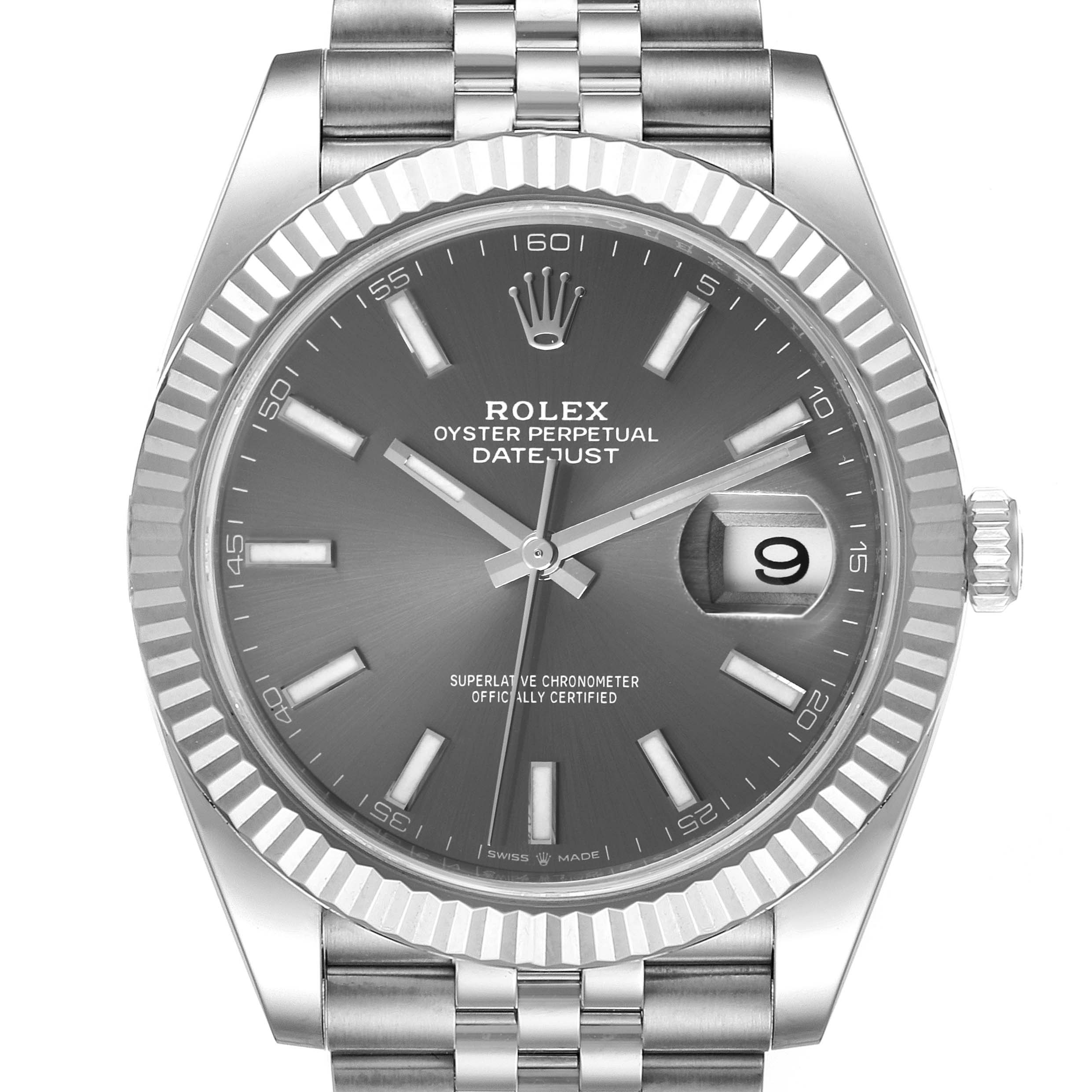 This Rolex Datejust 41 126334 Men's Stainless Steel Grey Dial 126334 Men's Stainless Steel Grey Dial watch is shown from a frontal angle, displaying the dial, bezel, hands, and part of the bracelet.