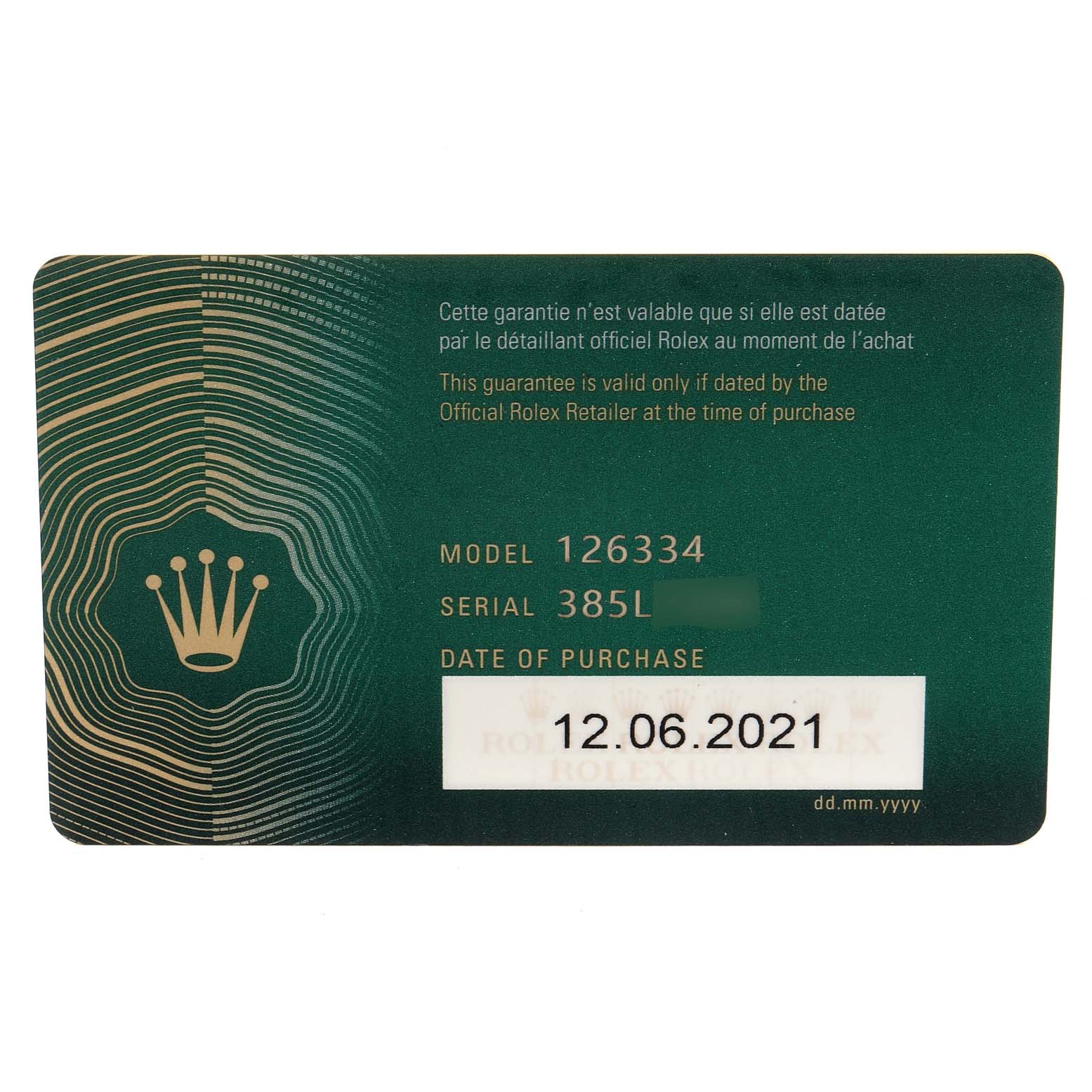 This is a warranty card for the Rolex Datejust 41 126334 Men's Stainless Steel Grey Dial 126334 Men's Stainless Steel Grey Dial model 126334, displaying the serial number and date of purchase.