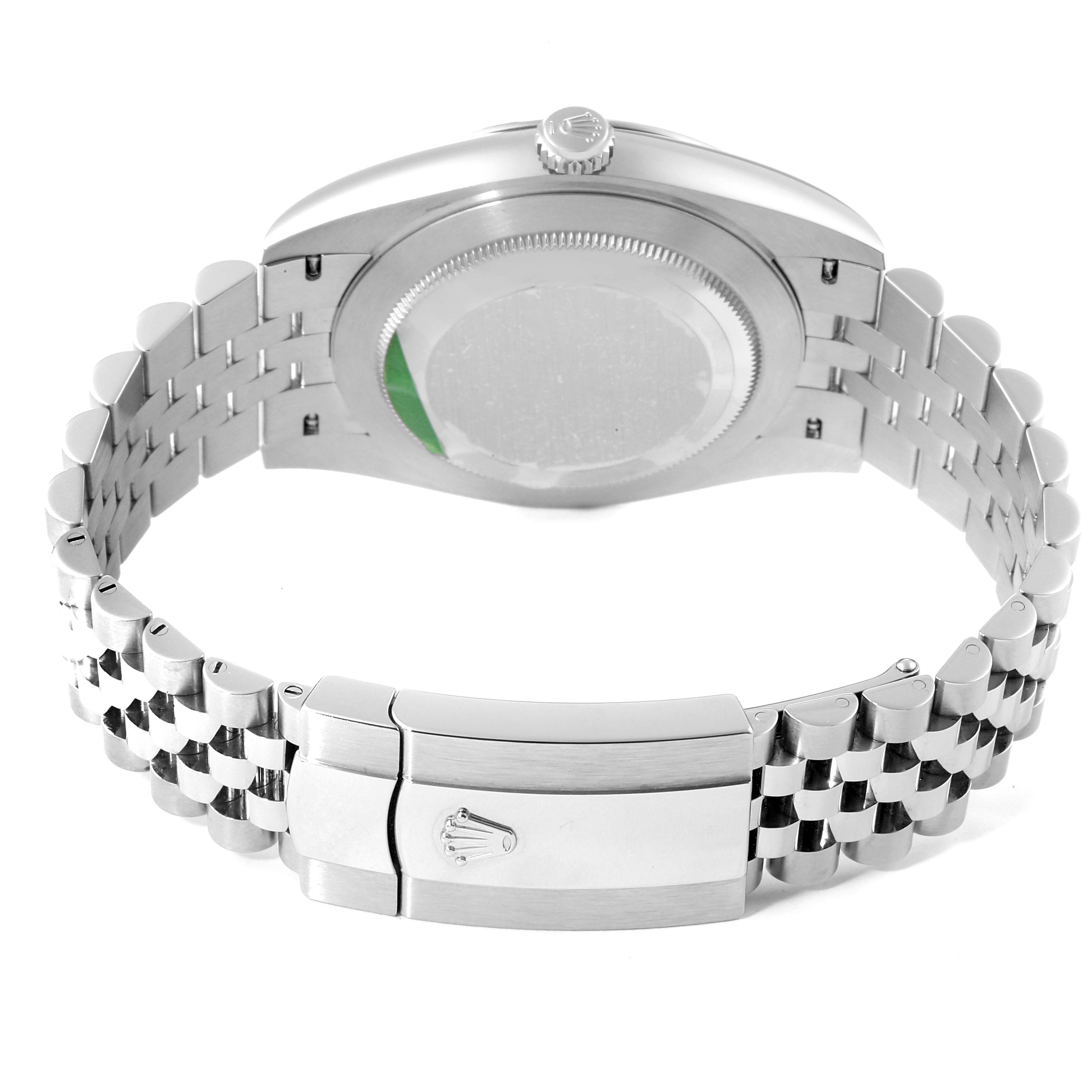 This image shows the back view of the Rolex Datejust 41 126334 Men's Stainless Steel Grey Dial 126334 Men's Stainless Steel Grey Dial model, featuring its clasp and bracelet.