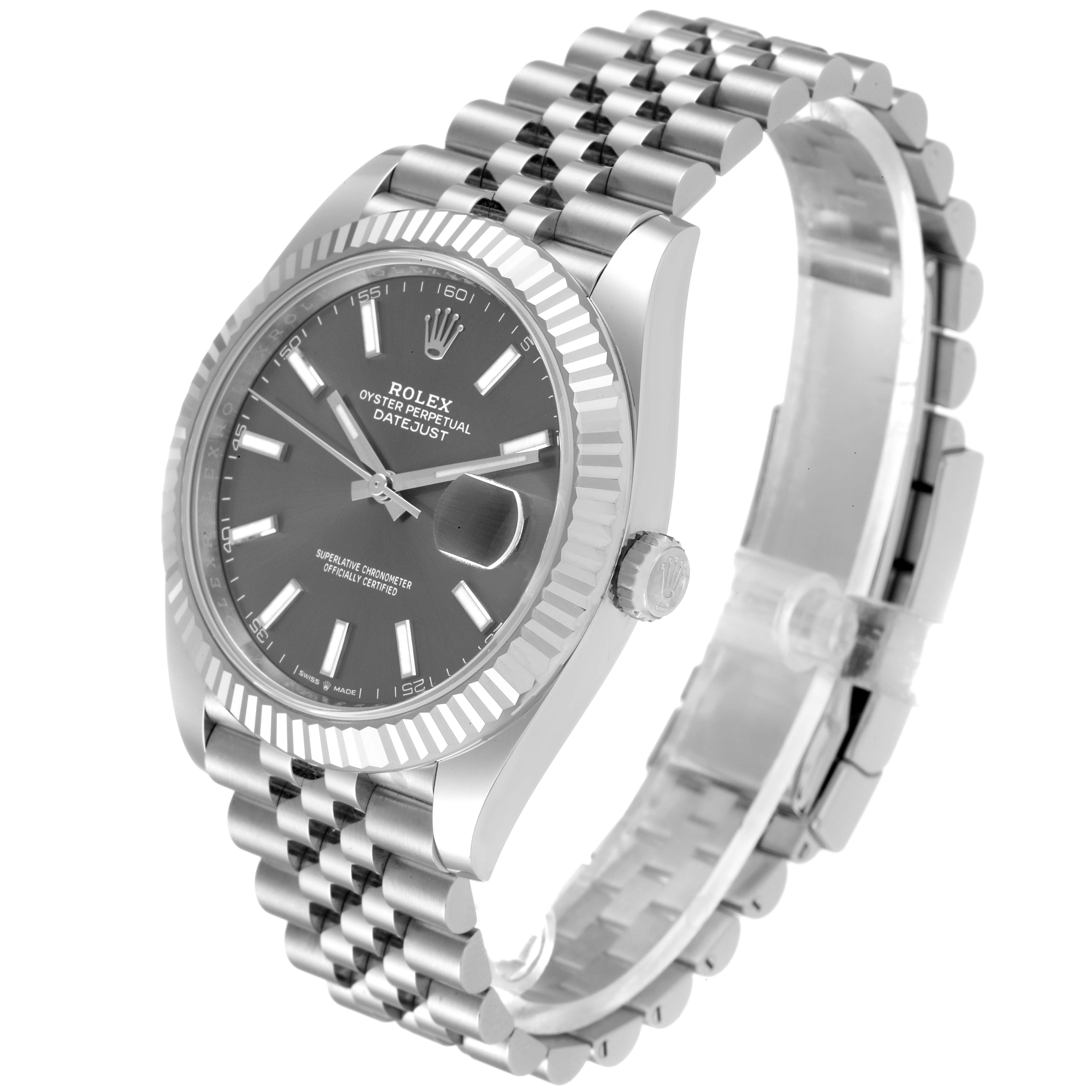 The image shows a Rolex Datejust 41 126334 Men's Stainless Steel Grey Dial 126334 Men's Stainless Steel Grey Dial watch at a three-quarter angle, highlighting the dial, bezel, crown, and bracelet.