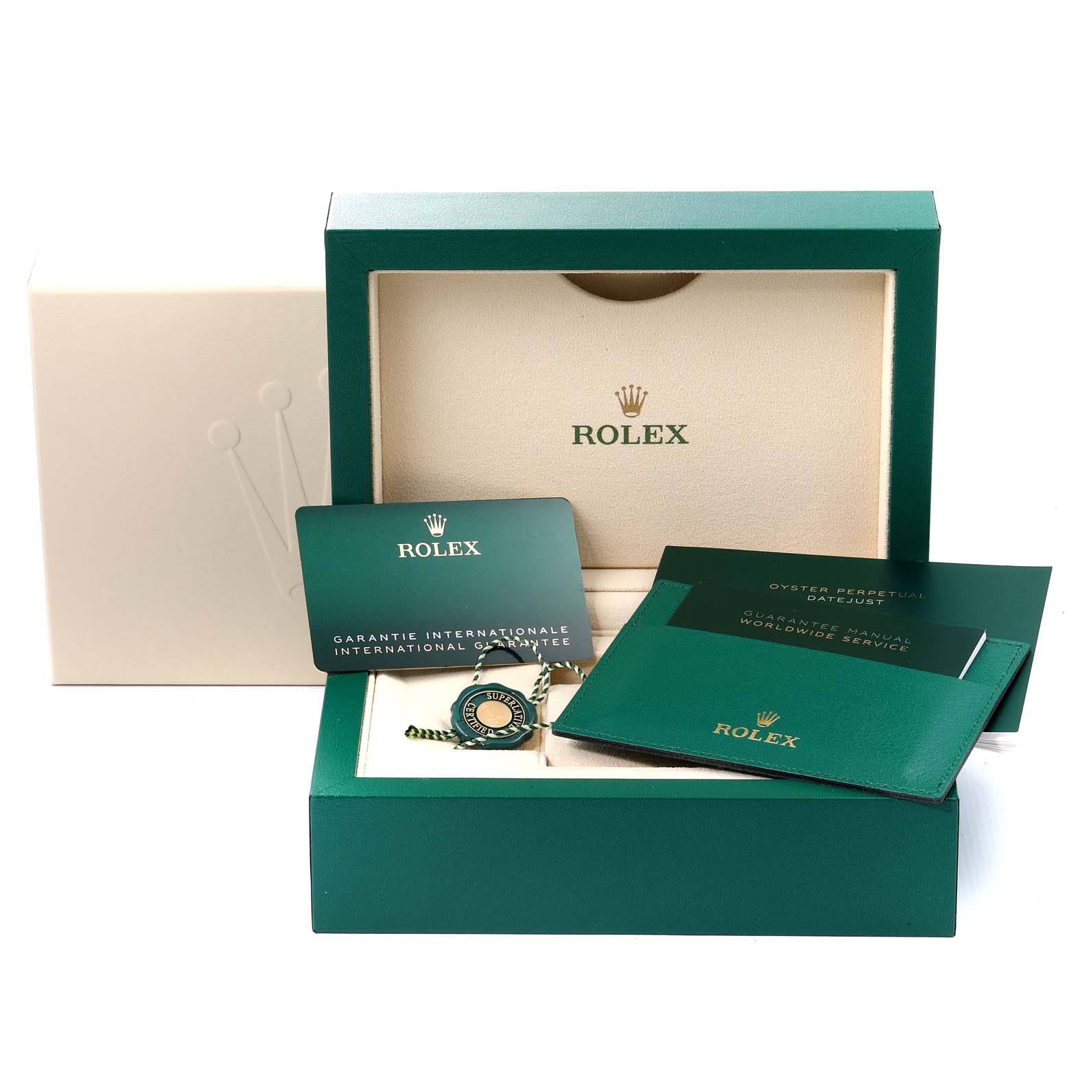 The image shows the Rolex Datejust 41 126334 Men's Stainless Steel Grey Dial 126334 Men's Stainless Steel Grey Dial watch box, guarantee card, manuals, and a green tag, all neatly arranged.