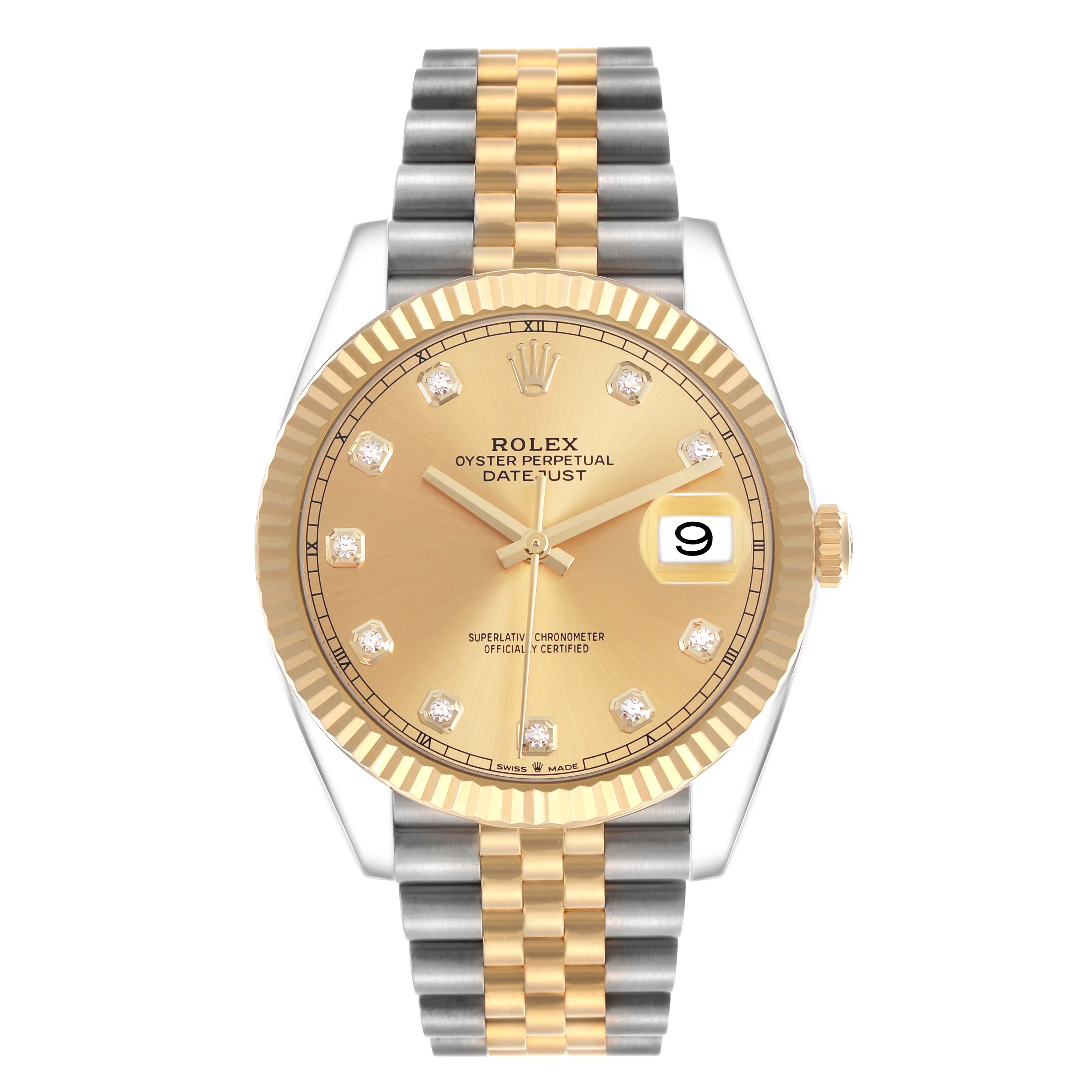 The Rolex Datejust 41 126333 Men's Steel and Gold (two tone) Champagne Dial is shown from a front angle, displaying the gold dial, diamond markers, fluted bezel, and two-tone bracelet.