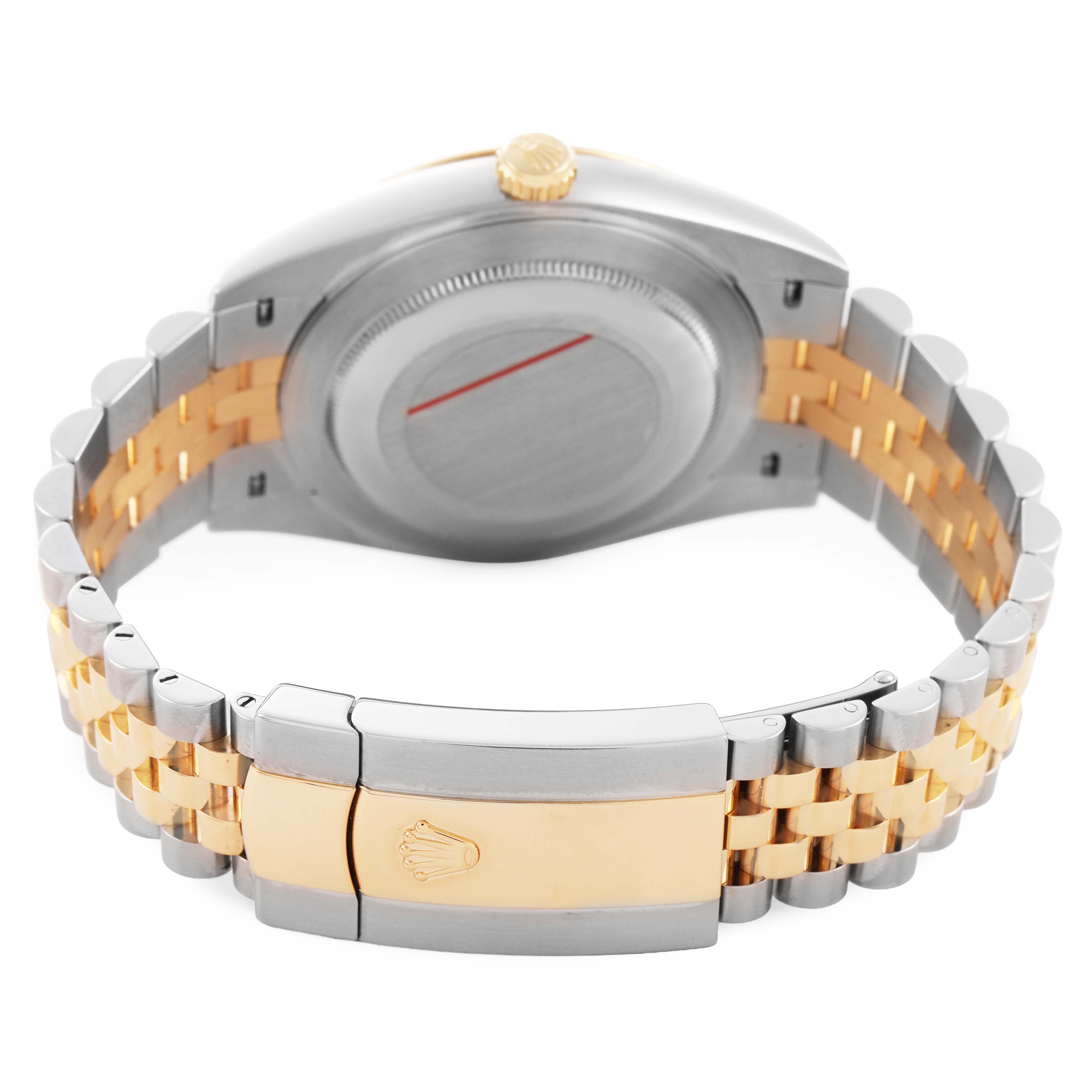 The image shows the back of a Rolex Datejust 41 126333 Men's Steel and Gold (two tone) Champagne Dial, highlighting the case back, crown, and two-tone bracelet.