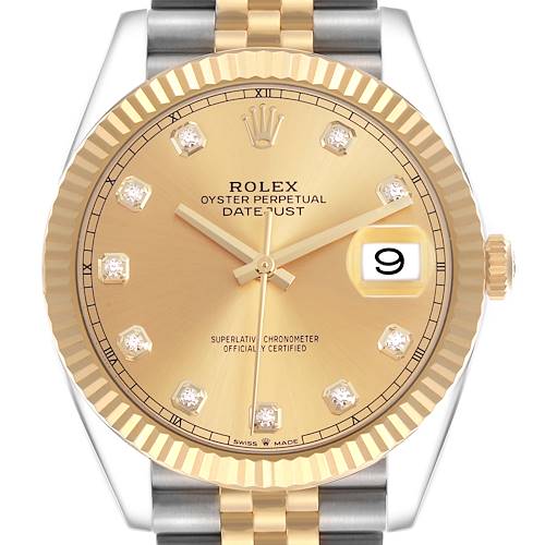 The Rolex Datejust 41 126333 Men's Steel and Gold (two tone) Champagne Dial is shown from the front, highlighting the gold dial, diamond hour markers, date window, and jubilee bracelet.