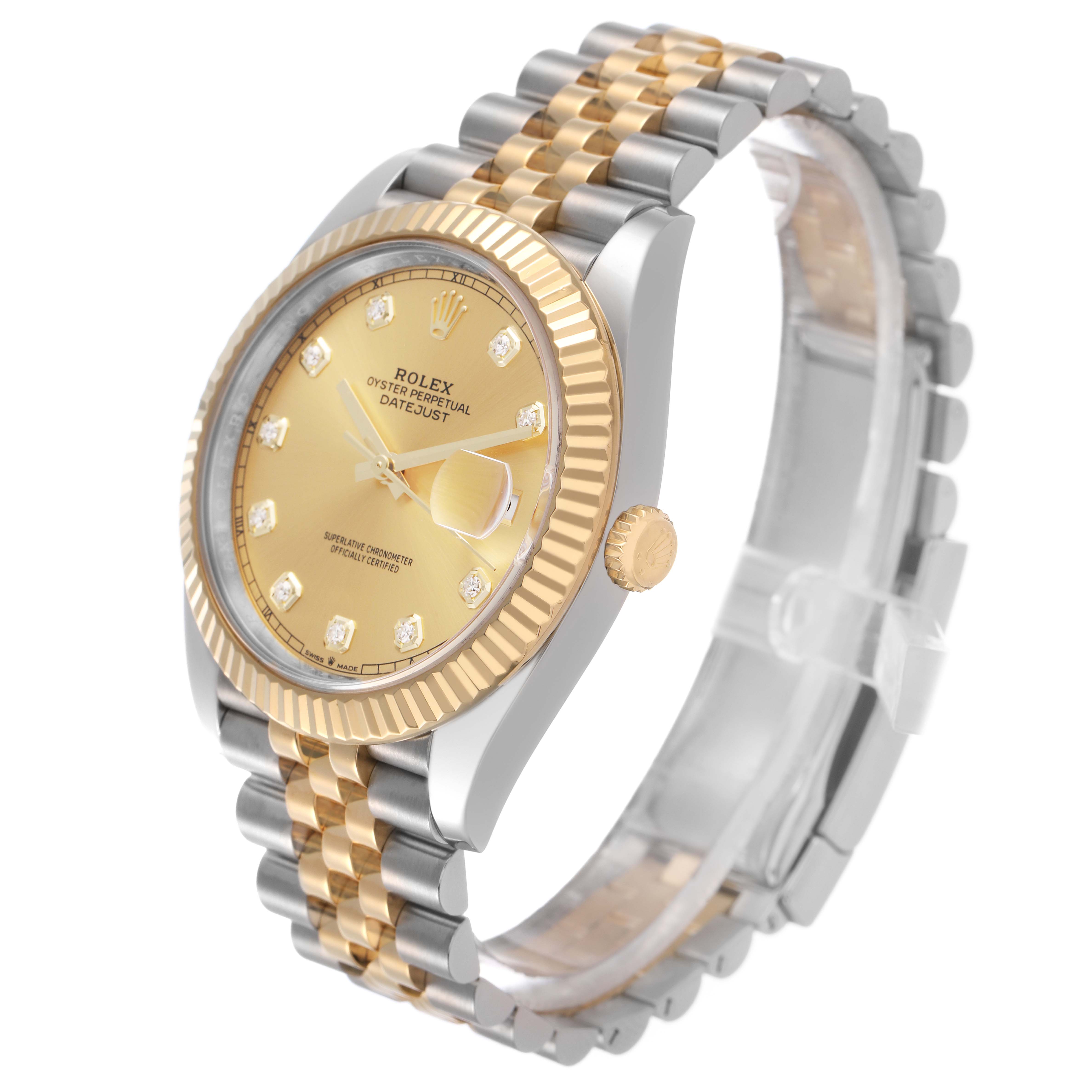The Rolex Datejust 41 126333 Men's Steel and Gold (two tone) Champagne Dial watch is shown at a three-quarter angle, highlighting the dial, fluted bezel, and two-tone Jubilee bracelet.