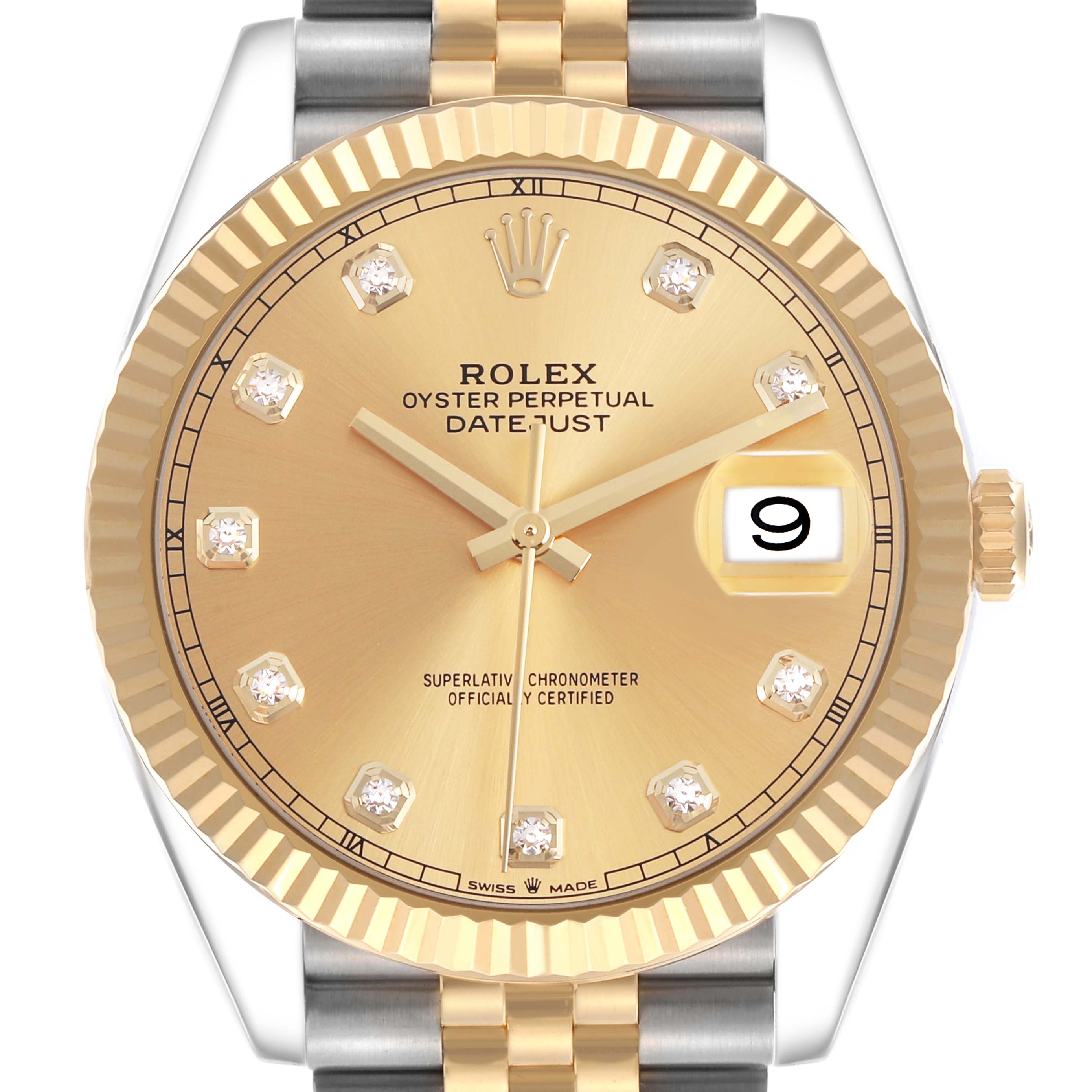 The Rolex Datejust 41 126333 Men's Steel and Gold (two tone) Champagne Dial watch is shown from the front, highlighting its champagne dial, diamond markers, fluted bezel, and date window.