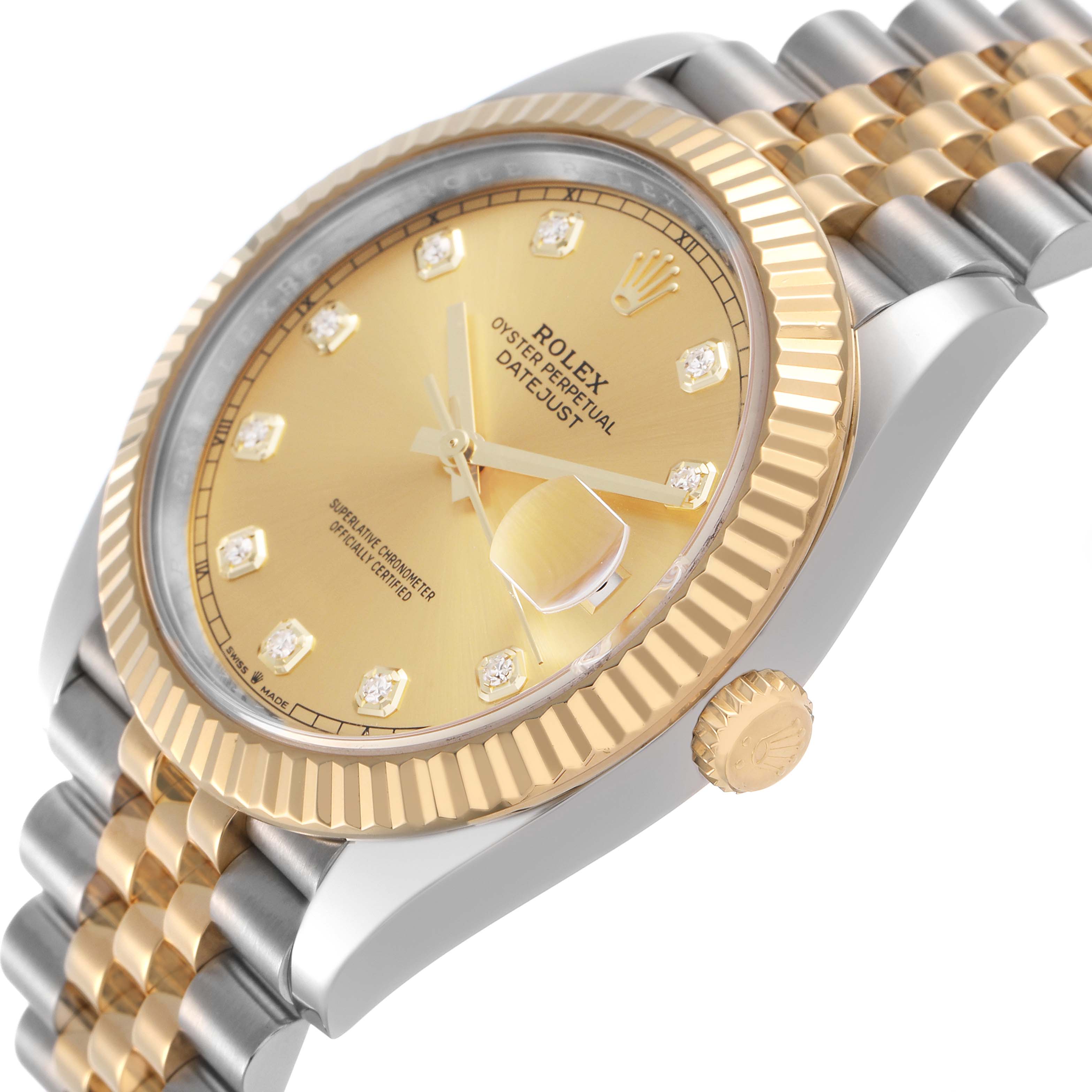 The Rolex Datejust 41 126333 Men's Steel and Gold (two tone) Champagne Dial is shown at an angled close-up, highlighting the gold dial, fluted bezel, and Jubilee bracelet.