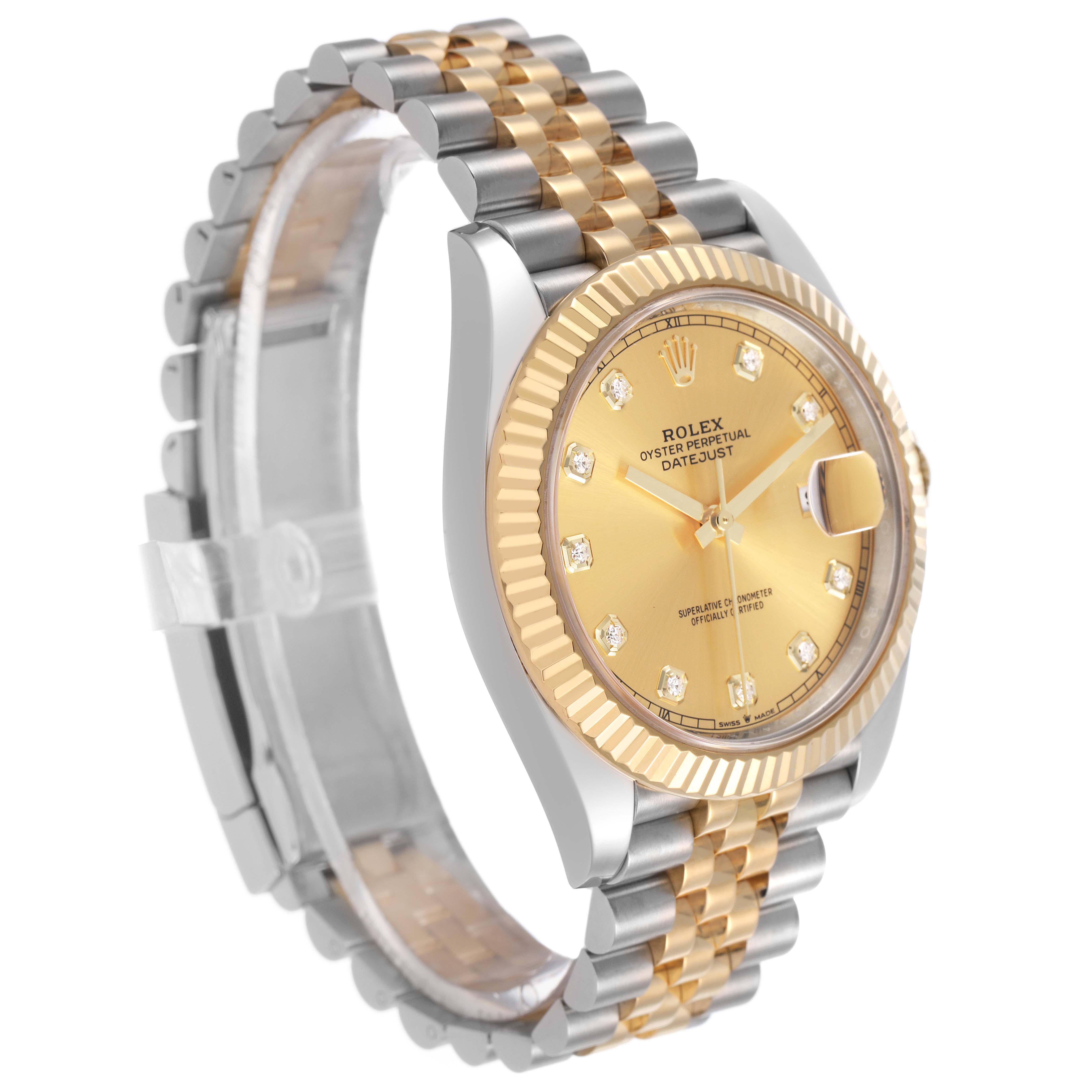 The Rolex Datejust 41 126333 Men's Steel and Gold (two tone) Champagne Dial is shown at an angled side view, highlighting the bezel, dial, jubilee bracelet, and case.