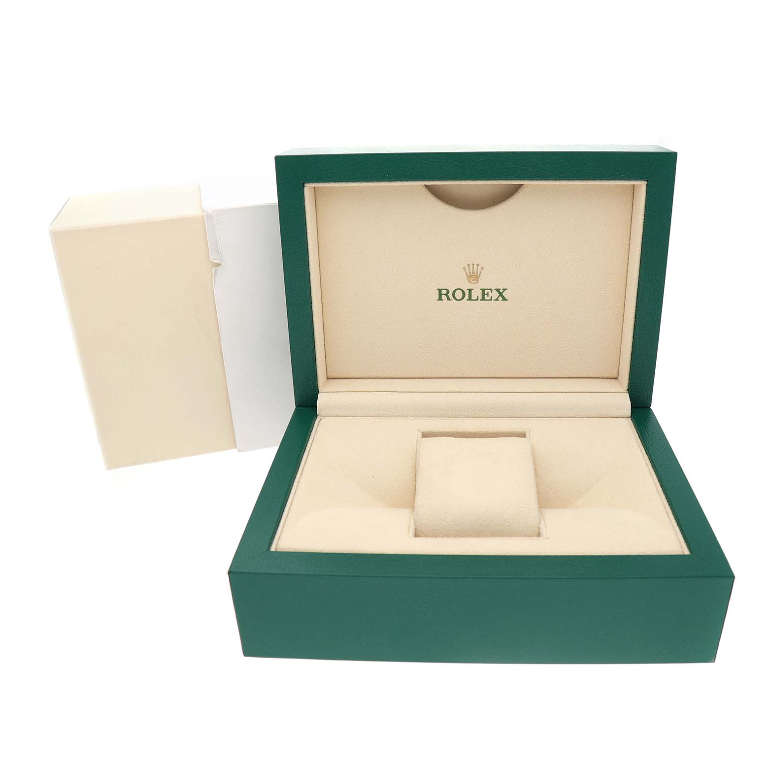 The image shows an open Rolex Datejust 41 126333 Men's Steel and Gold (two tone) Champagne Dial watch box, featuring a green exterior and beige interior with the Rolex logo.