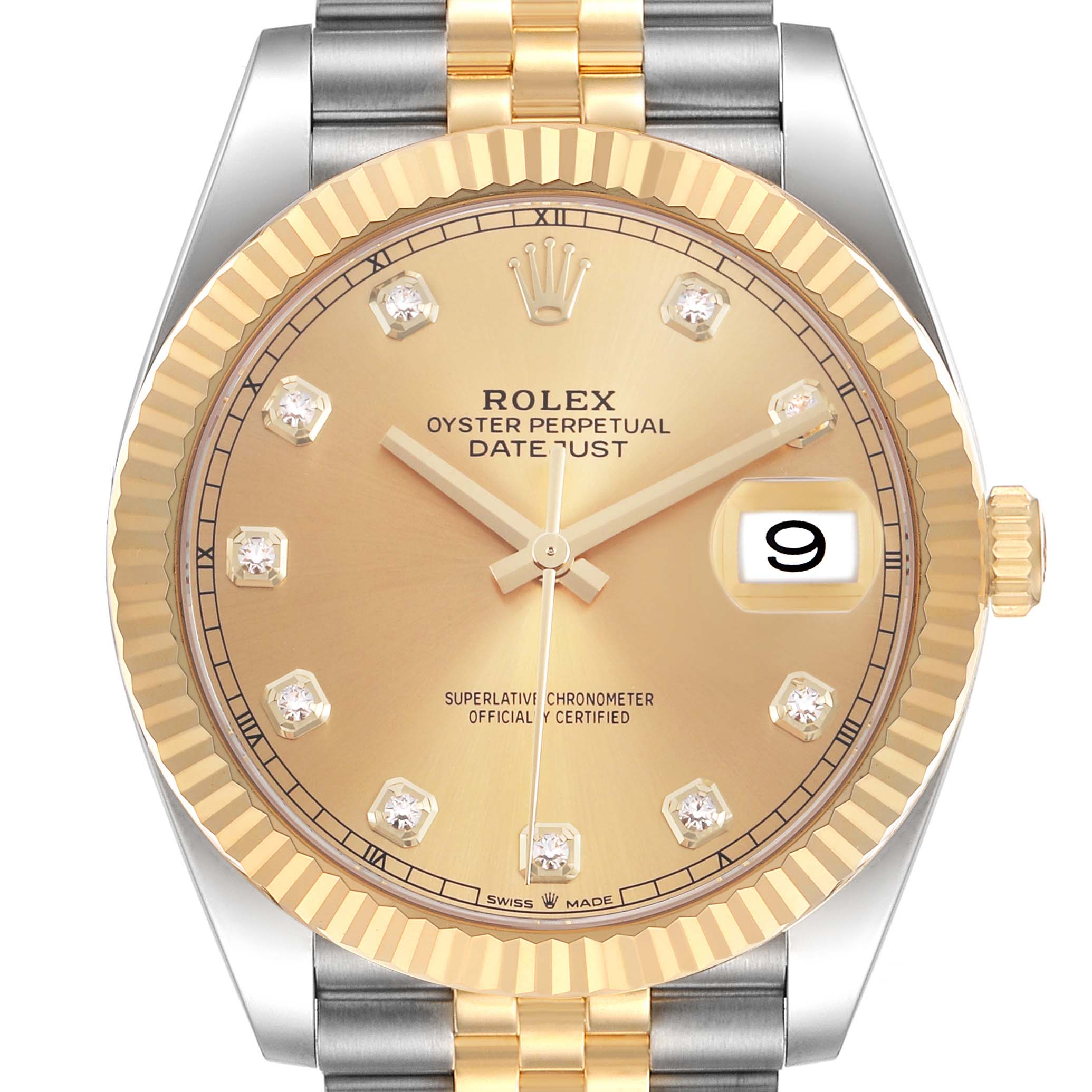 The Rolex Datejust 41 12633 Men's Steel and Gold (two tone) Champagne Dial is shown from the front, displaying its dial, fluted bezel, diamond hour markers, and bracelet top.