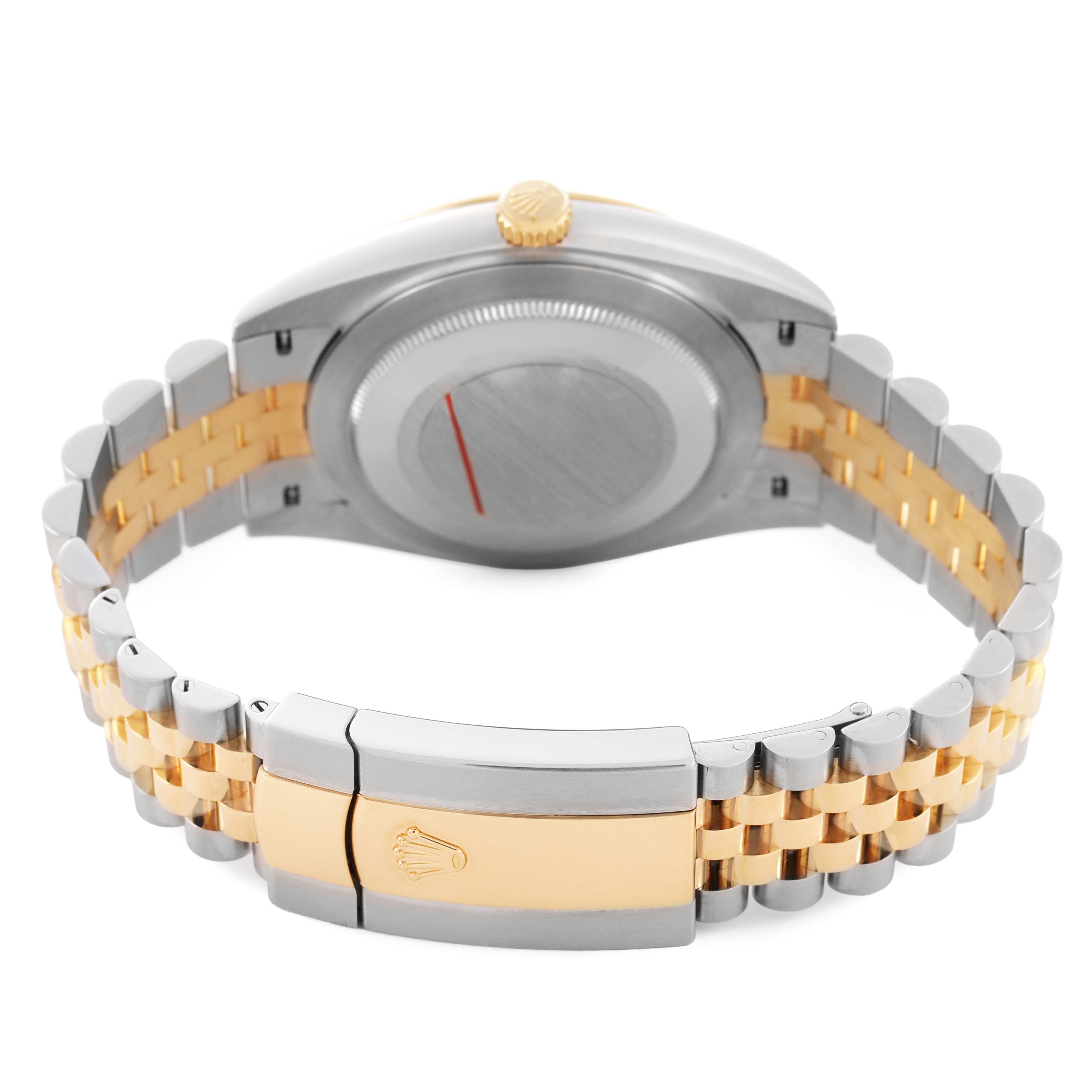 The Rolex Datejust 41 12633 Men's Steel and Gold (two tone) Champagne Dial is shown from the back, highlighting the case back, jubilee bracelet, and clasp.