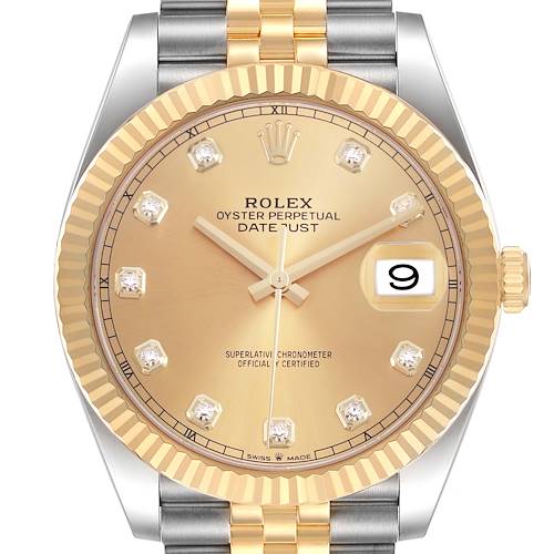 The Rolex Datejust 41 12633 Men's Steel and Gold (two tone) Champagne Dial watch is shown from the front, highlighting its face, fluted bezel, and Jubilee bracelet.