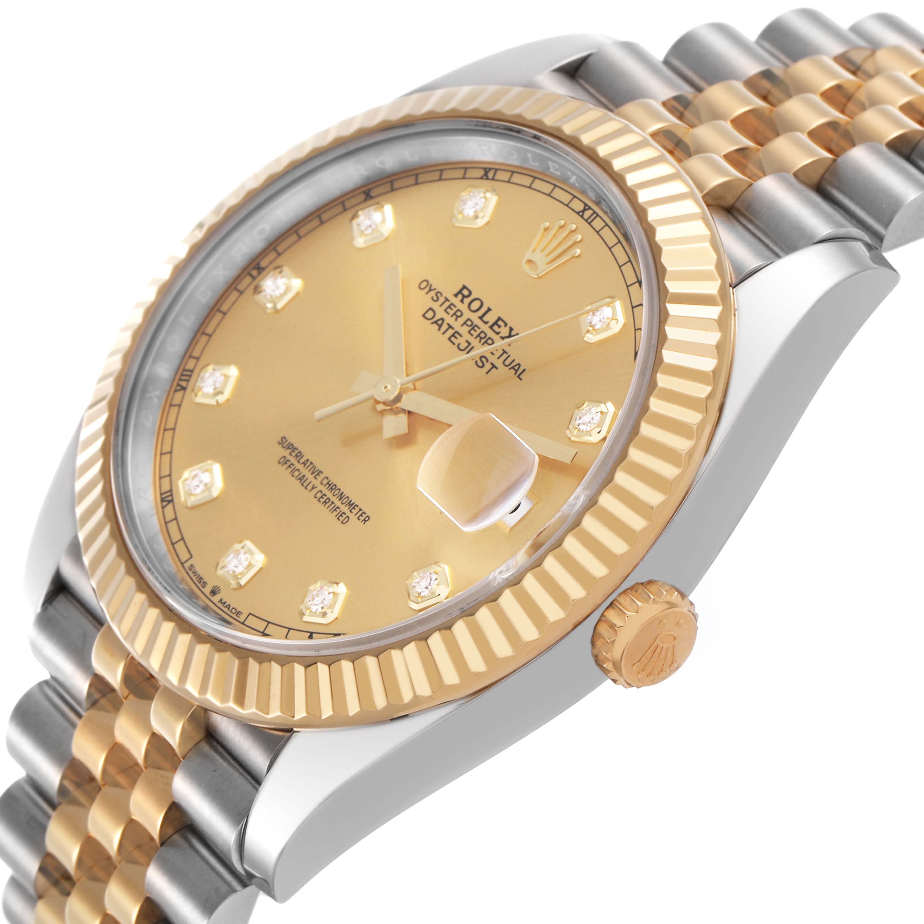 The Rolex Datejust 41 12633 Men's Steel and Gold (two tone) Champagne Dial is shown at an angled close-up, highlighting the dial, fluted bezel, crown, and Jubilee bracelet.