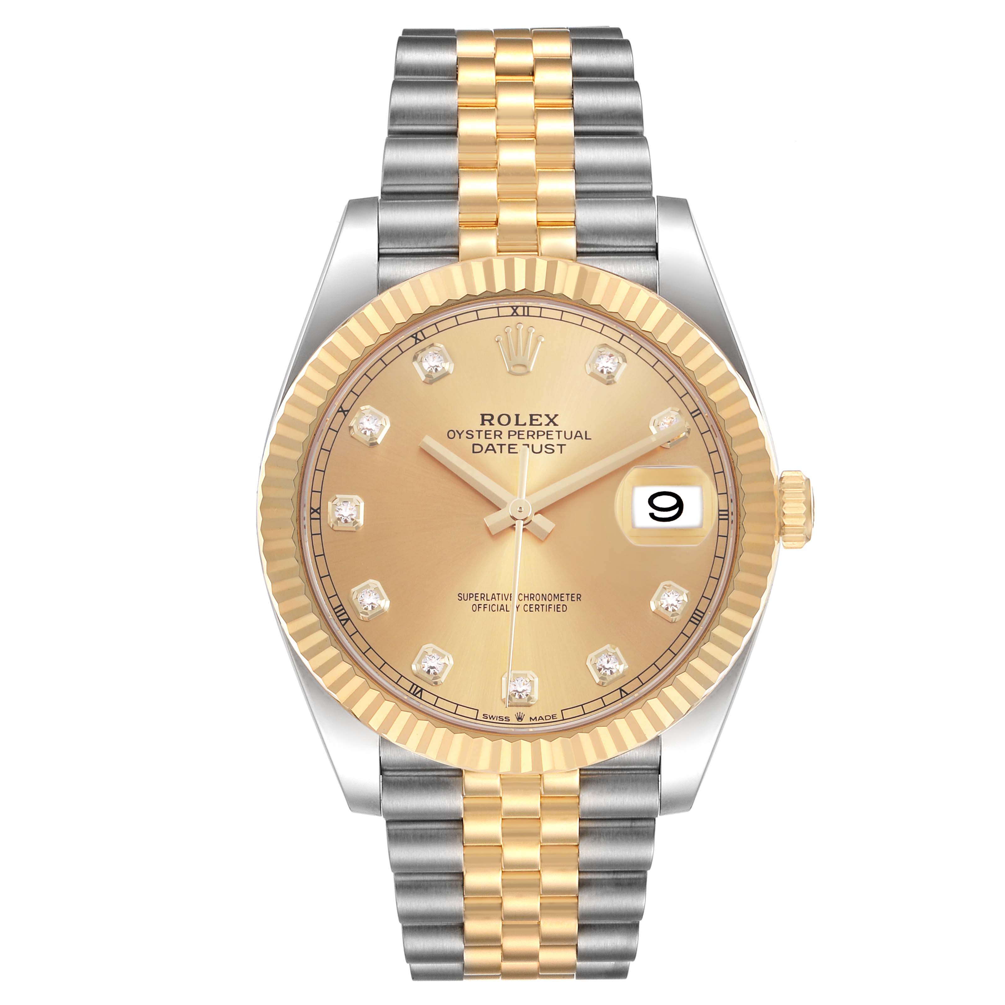 The Rolex Datejust 41 12633 Men's Steel and Gold (two tone) Champagne Dial watch is shown from a front angle, highlighting its gold dial, fluted bezel, and two-tone bracelet.